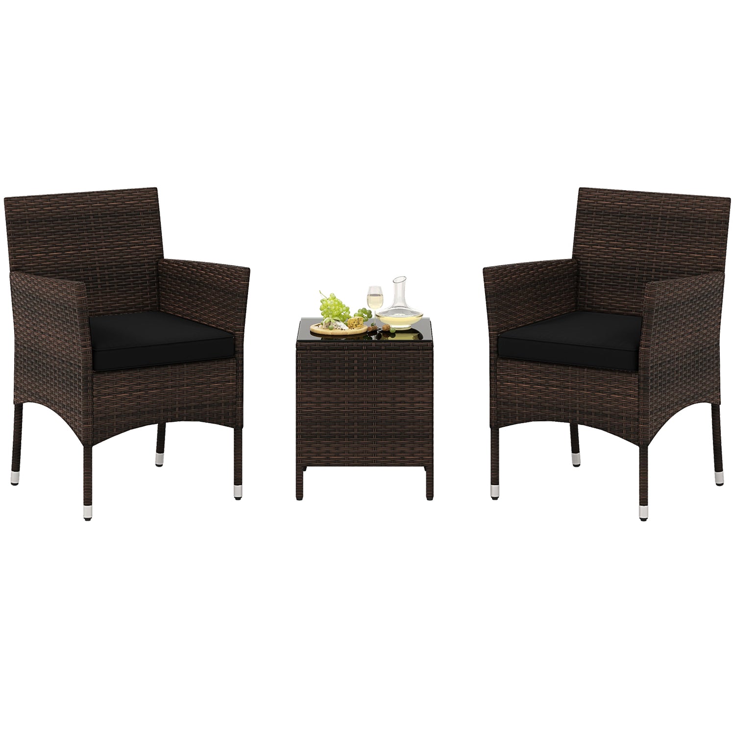 3 Pieces Outdoor Conversation Set with Cushioned Seat and Glass Tabletop