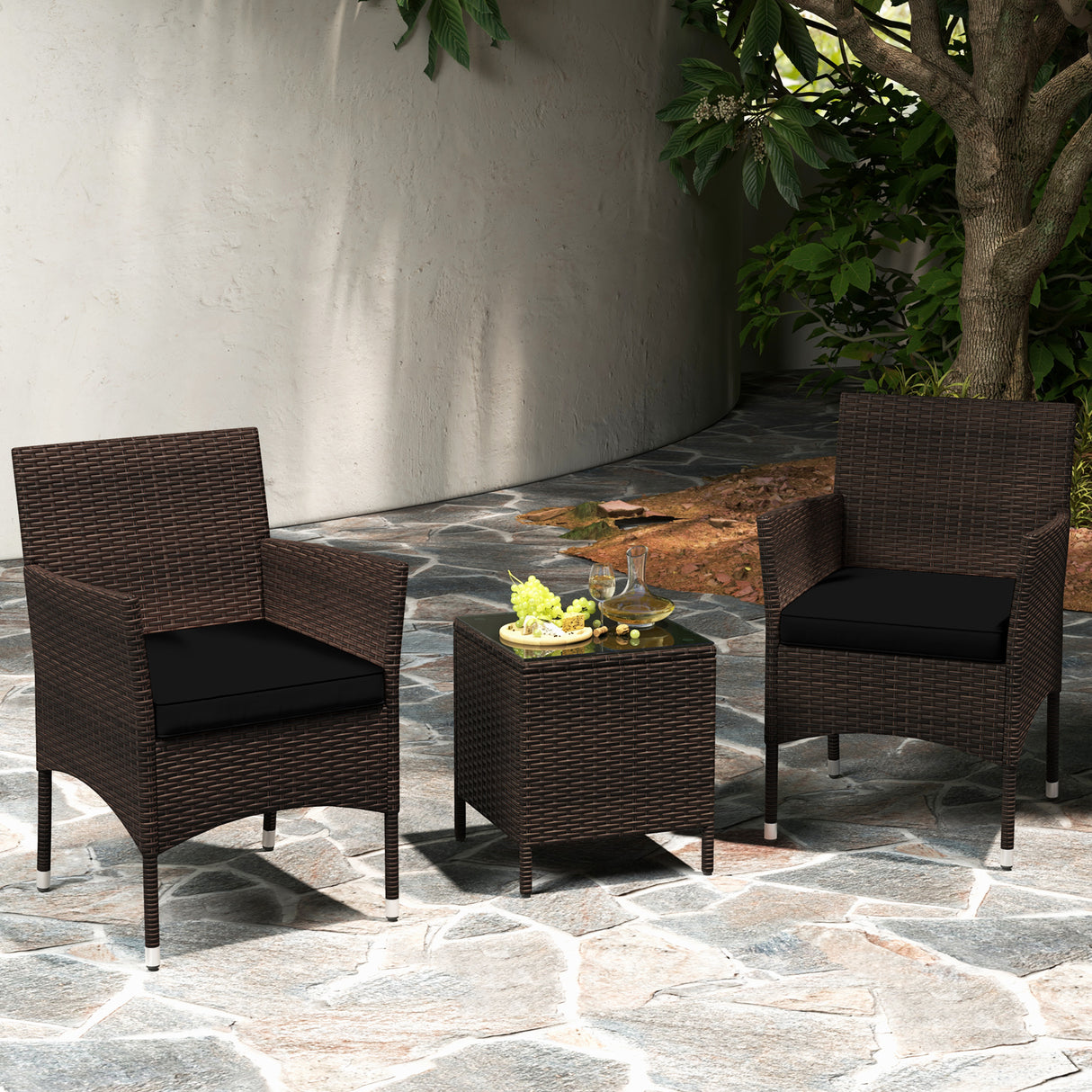 3 Pieces Outdoor Conversation Set with Cushioned Seat and Glass Tabletop