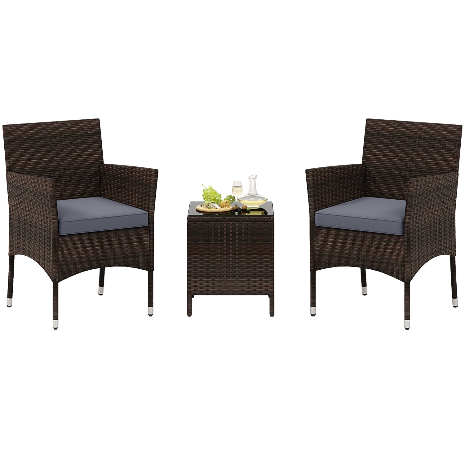 3 Pieces Outdoor Conversation Set with Cushioned Seat and Glass Tabletop