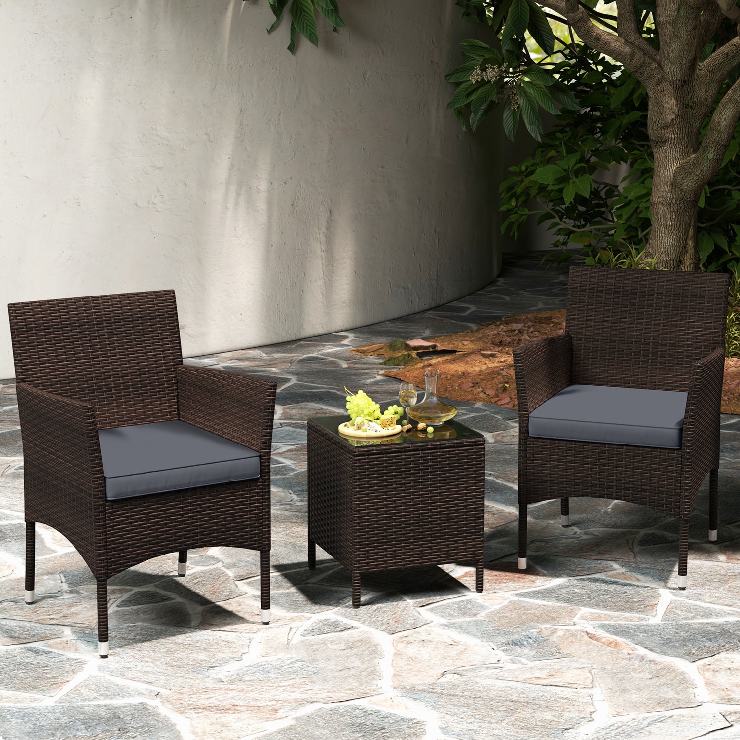 3 Pieces Outdoor Conversation Set with Cushioned Seat and Glass Tabletop