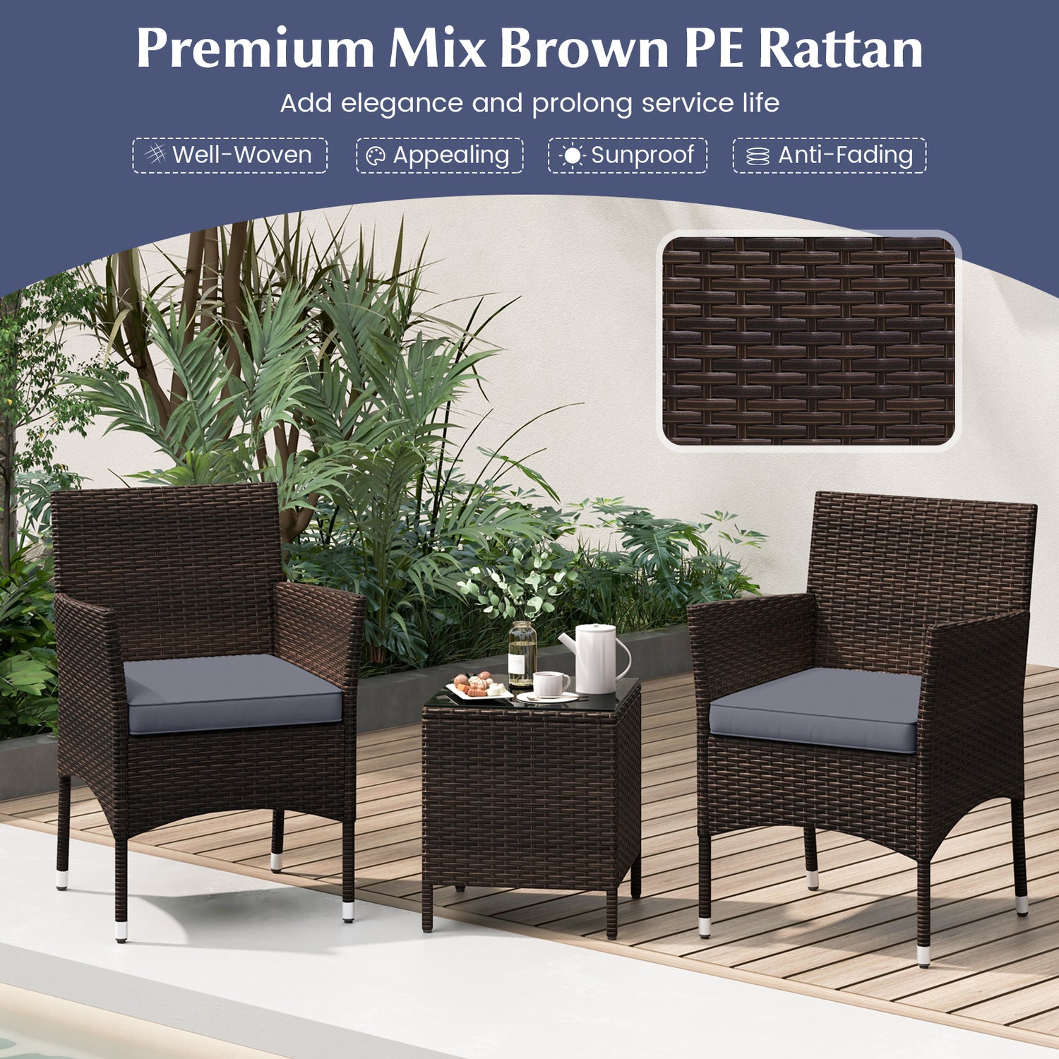 3 Pieces Outdoor Conversation Set with Cushioned Seat and Glass Tabletop