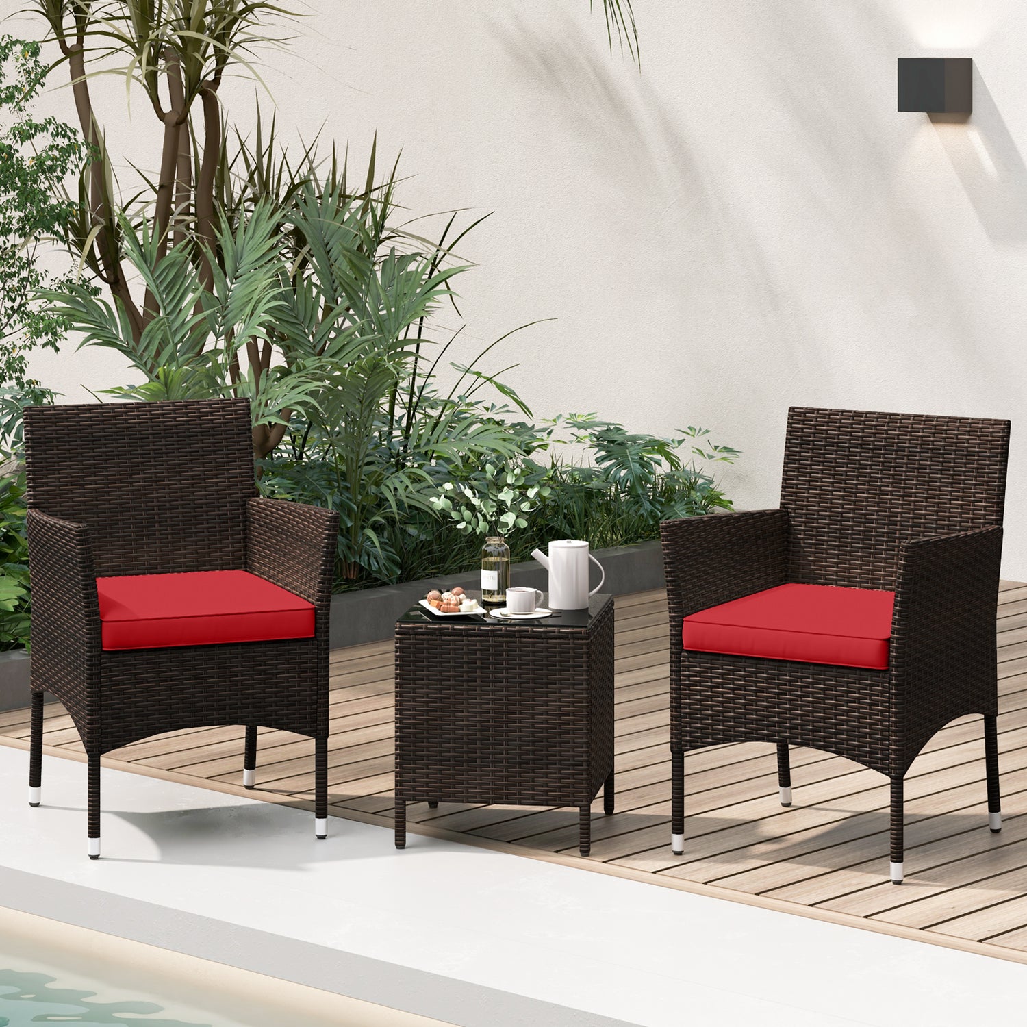 3 Pieces Outdoor Conversation Set with Cushioned Seat and Glass Tabletop