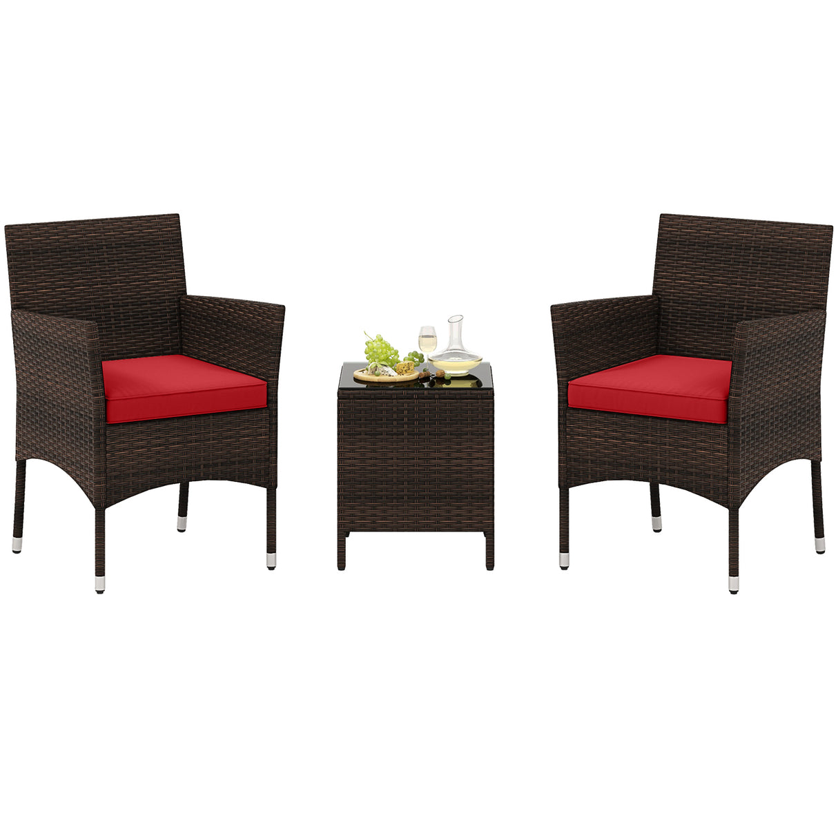 3 Pieces Outdoor Conversation Set with Cushioned Seat and Glass Tabletop