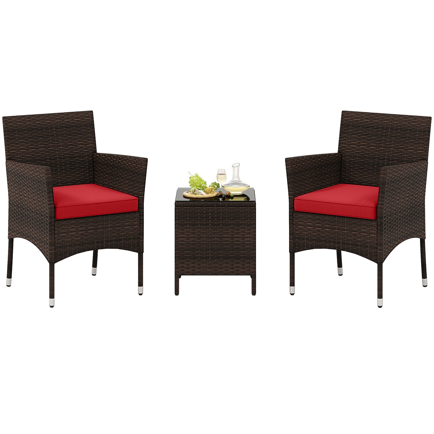 3 Pieces Outdoor Conversation Set with Cushioned Seat and Glass Tabletop