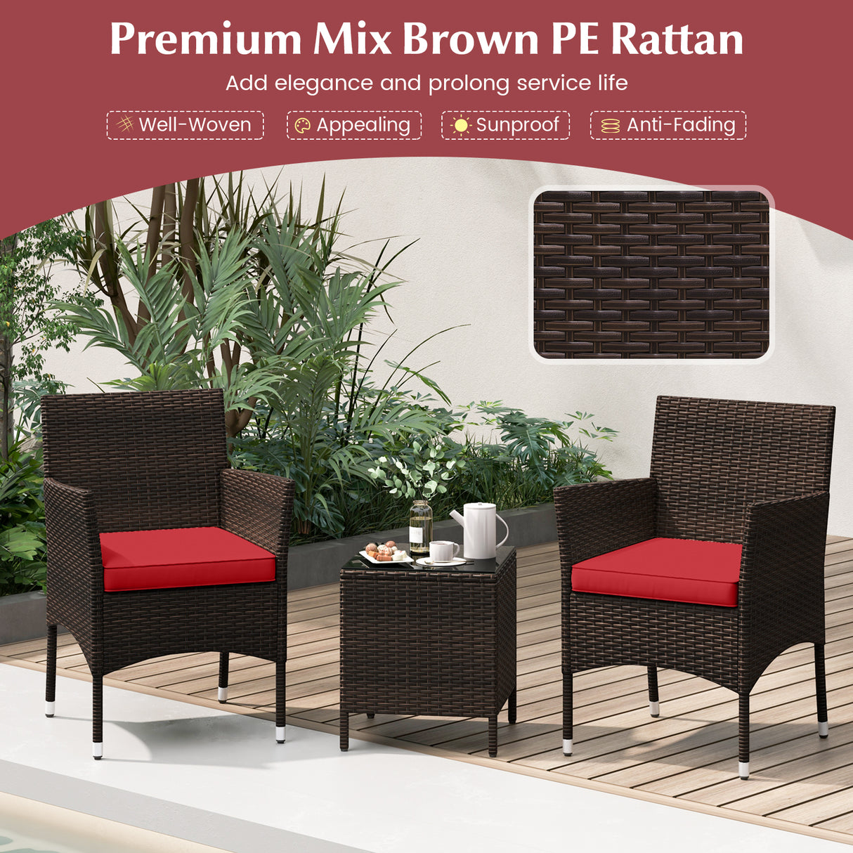 3 Pieces Outdoor Conversation Set with Cushioned Seat and Glass Tabletop