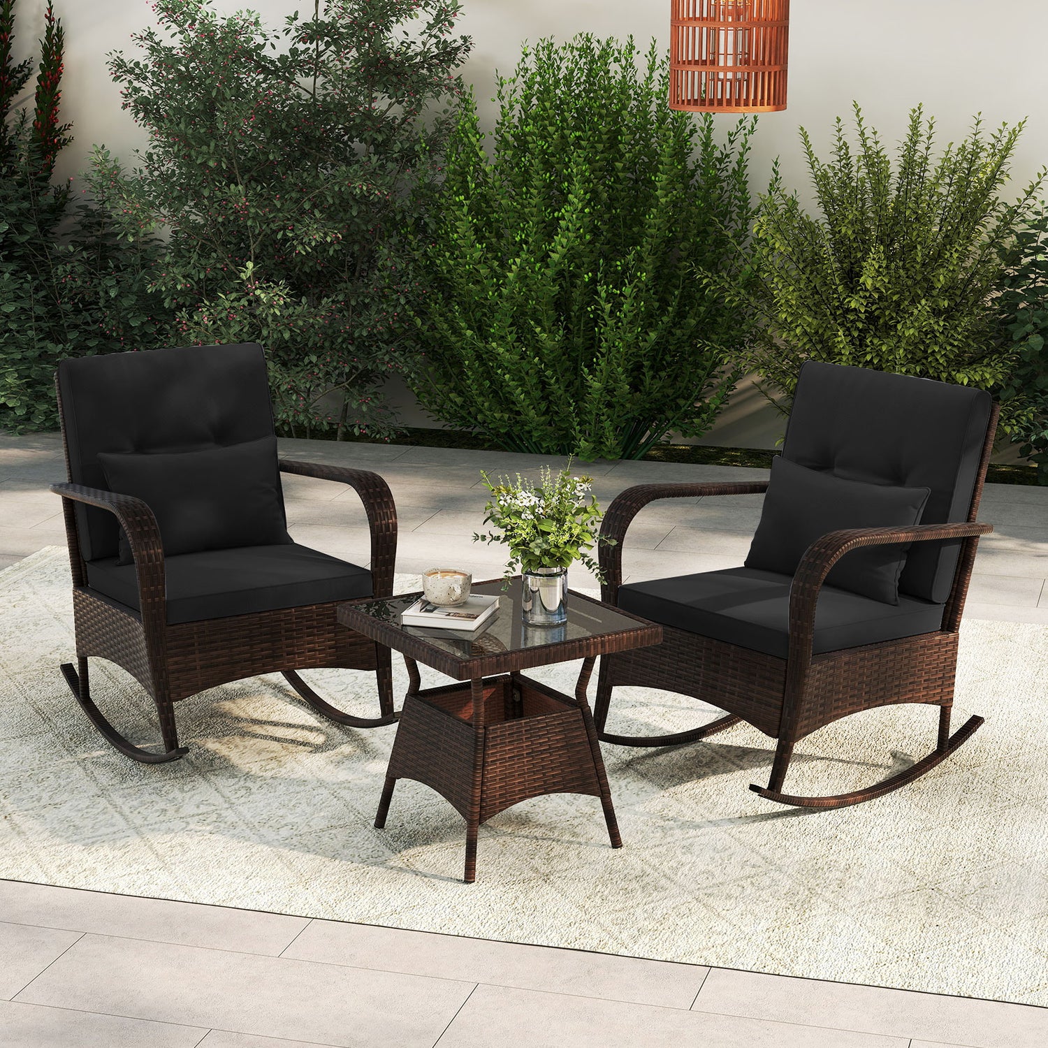 3 Piece Outdoor Rocking Set with Tempered Glass Coffee Table for Backyard Poolside
