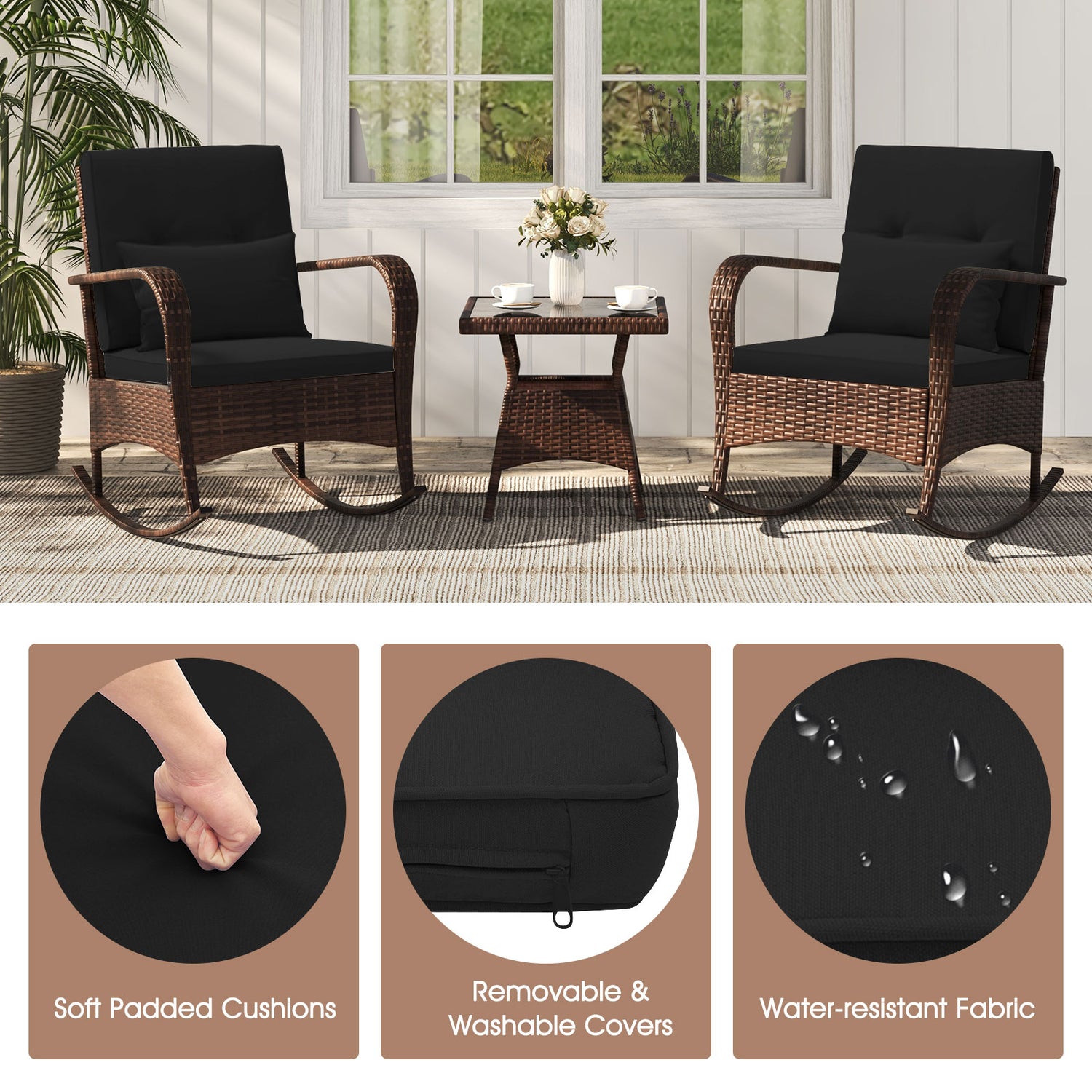 3 Piece Outdoor Rocking Set with Tempered Glass Coffee Table for Backyard Poolside