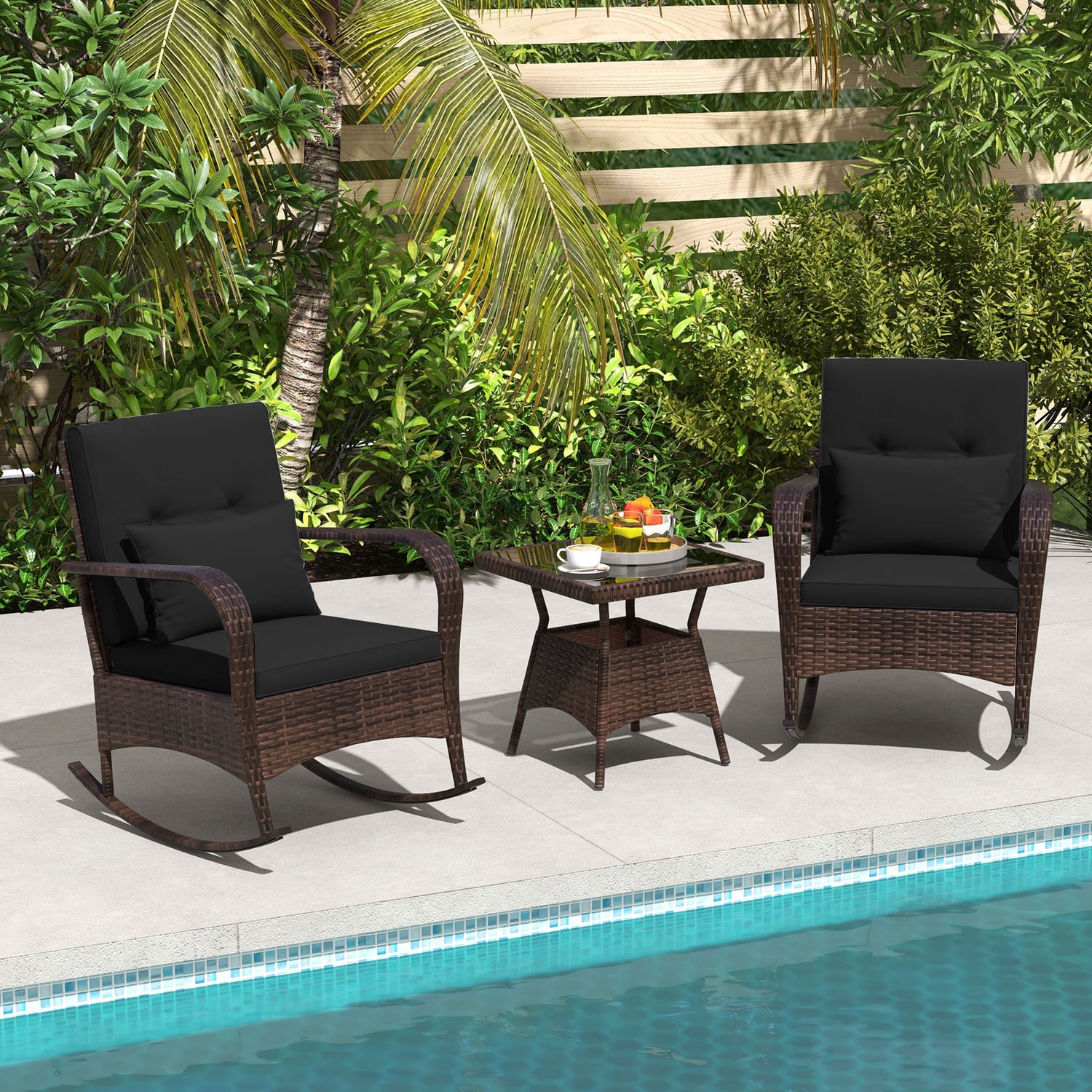 3 Piece Outdoor Rocking Set with Tempered Glass Coffee Table for Backyard Poolside