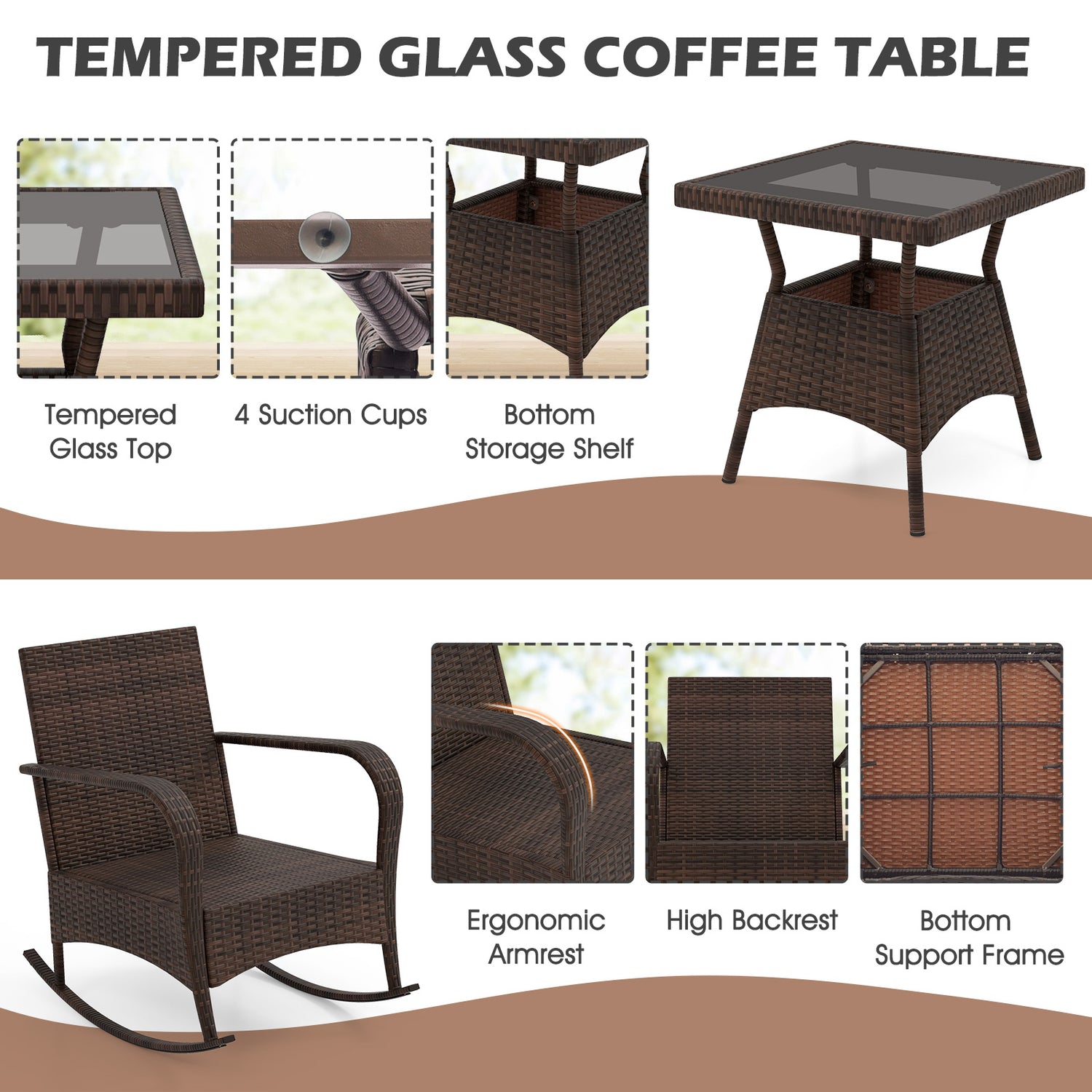 3 Piece Outdoor Rocking Set with Tempered Glass Coffee Table for Backyard Poolside