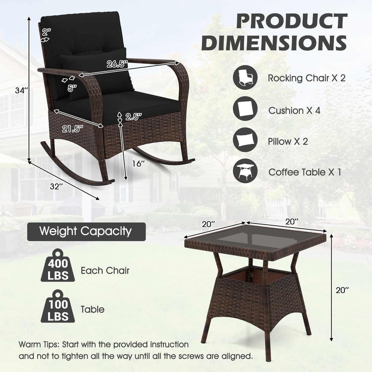 3 Piece Outdoor Rocking Set with Tempered Glass Coffee Table for Backyard Poolside