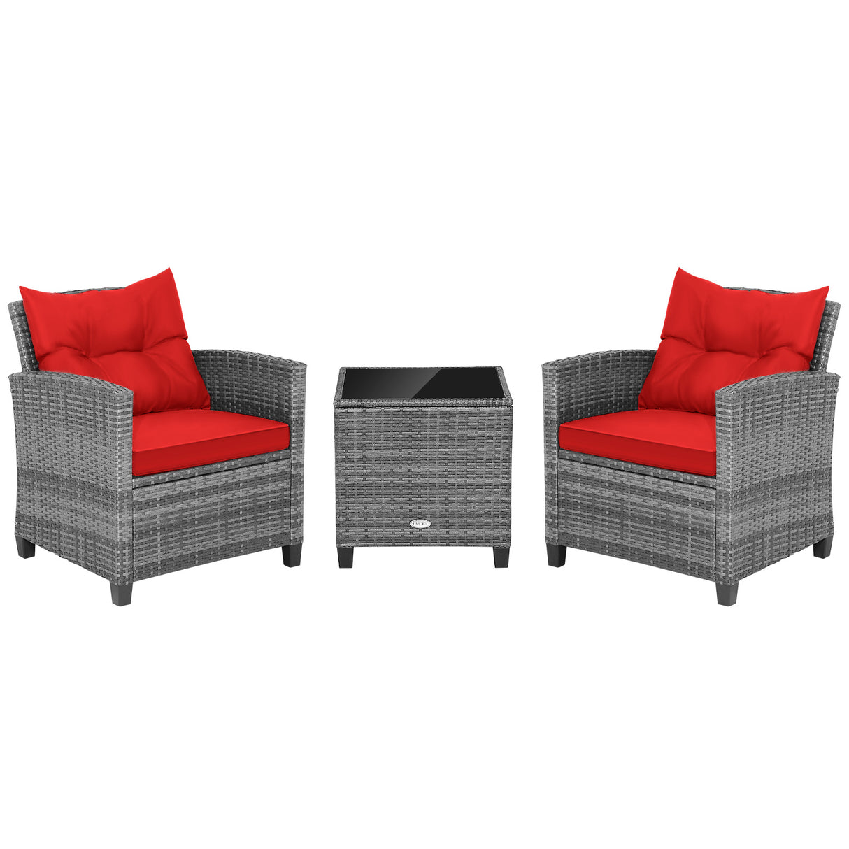 3 Pieces Outdoor Wicker Conversation Set with Tempered Glass Tabletop
