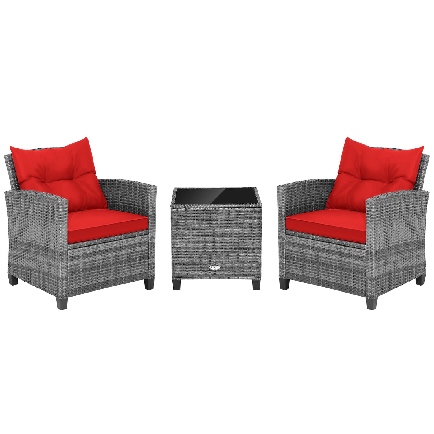 3 Pieces Outdoor Wicker Conversation Set with Tempered Glass Tabletop