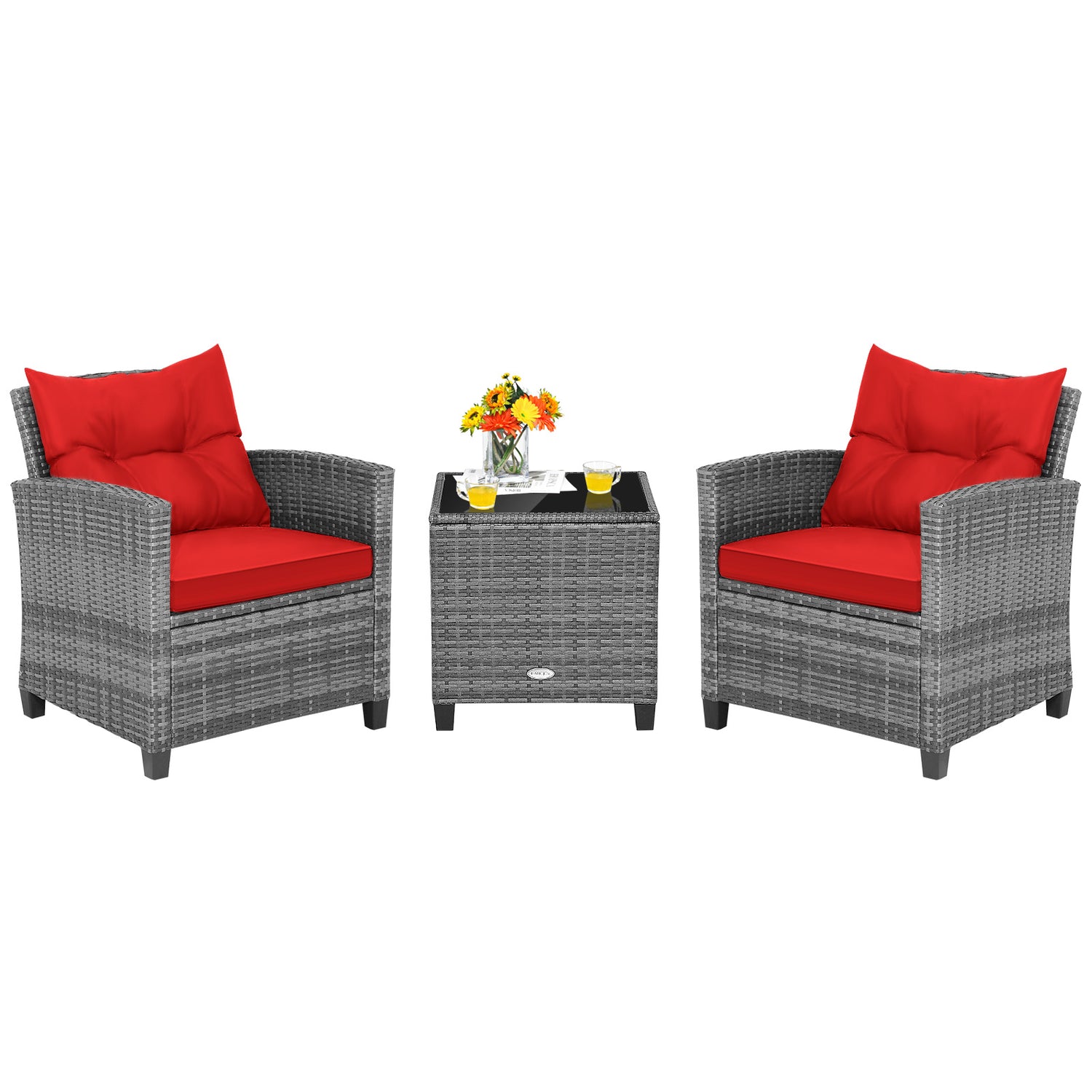 3 Pieces Outdoor Wicker Conversation Set with Tempered Glass Tabletop