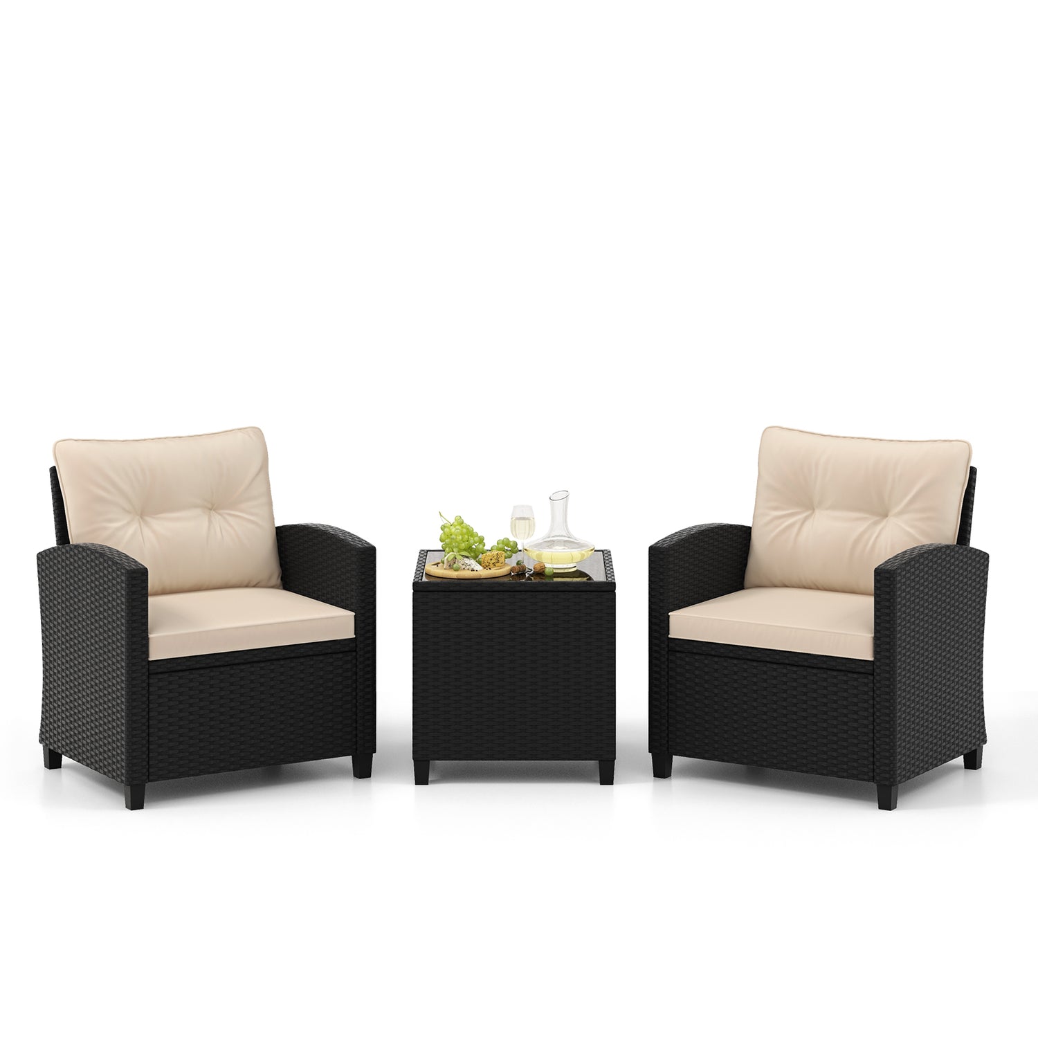 3 Pieces Patio Furniture Set with Tempered Glass Coffee Table