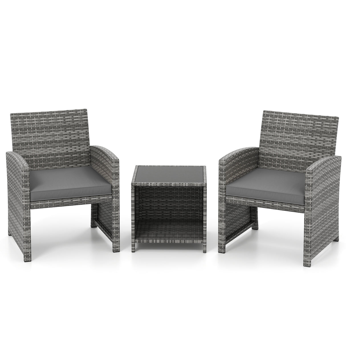 3 Pieces Patio Furniture Set with Tempered Glass Coffee Table and Soft Seat Cushions