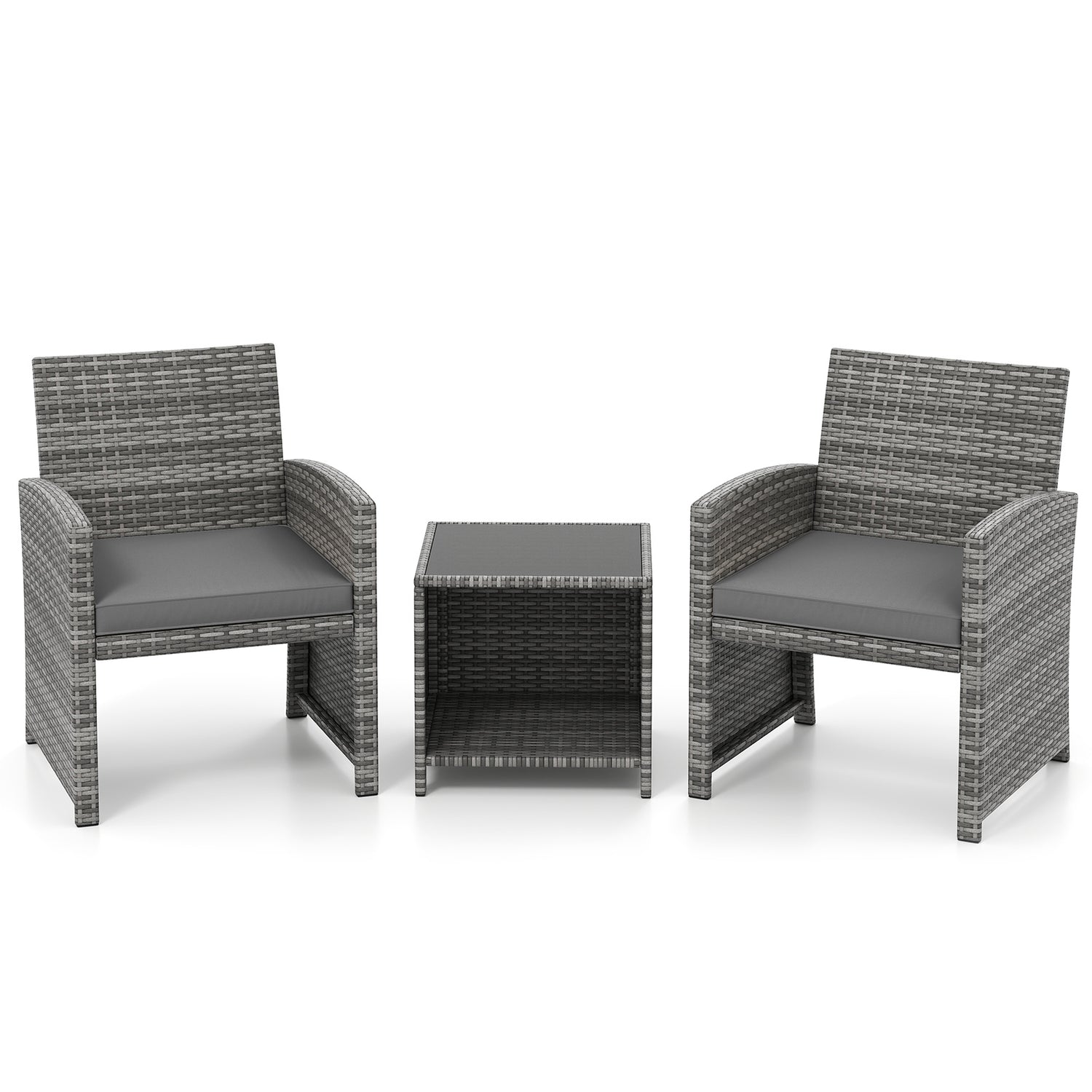 3 Pieces Patio Furniture Set with Tempered Glass Coffee Table and Soft Seat Cushions