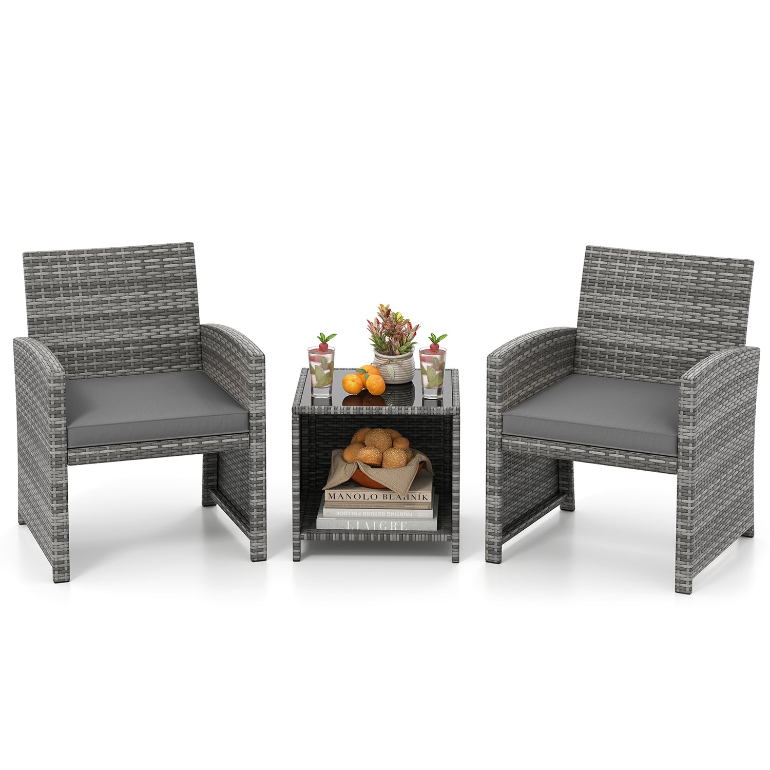 3 Pieces Patio Furniture Set with Tempered Glass Coffee Table and Soft Seat Cushions