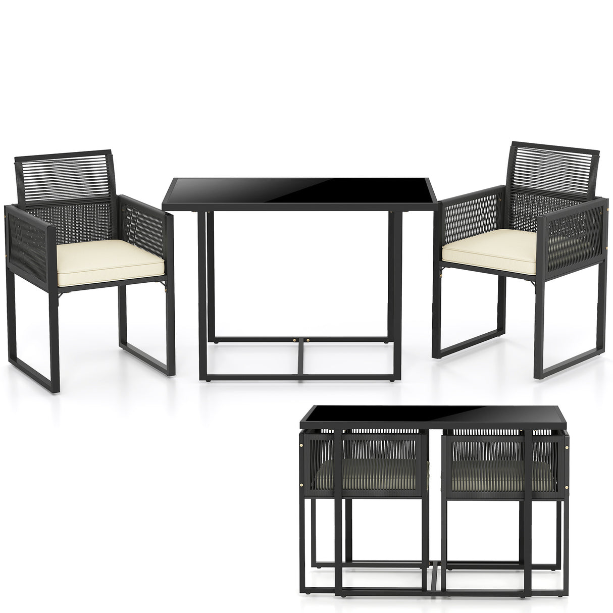 3 Pieces Patio Tempered Glass Top Table and Chairs Set for Porch Backyard-White