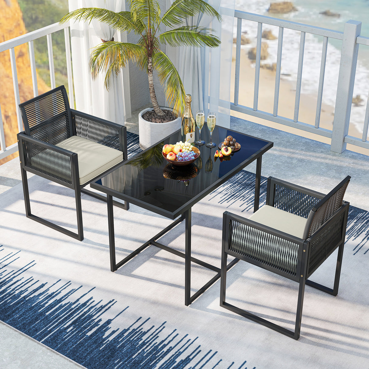 3 Pieces Patio Tempered Glass Top Table and Chairs Set for Porch Backyard-White