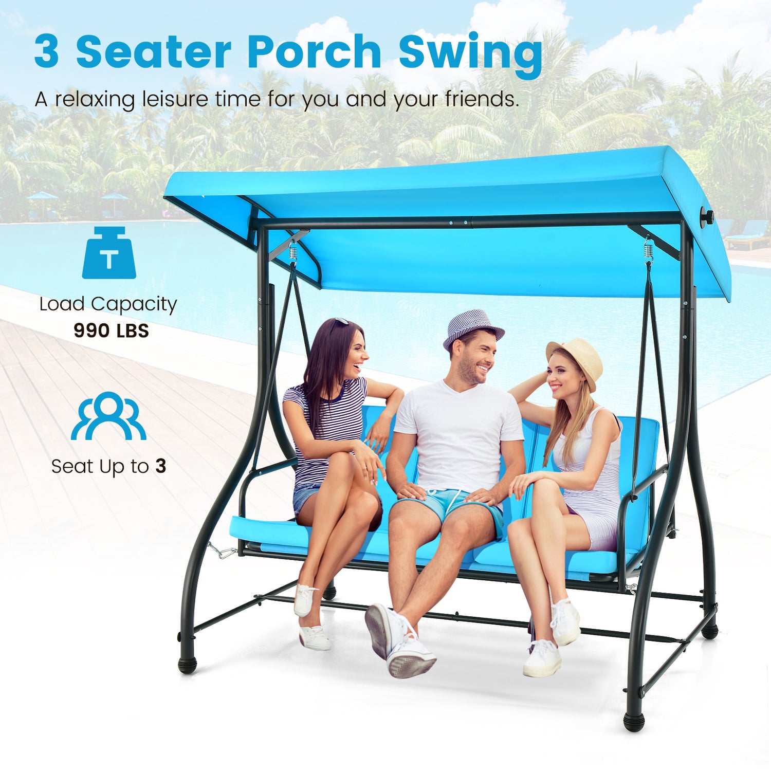 3 Seat Outdoor Porch Swing with Adjustable Canopy