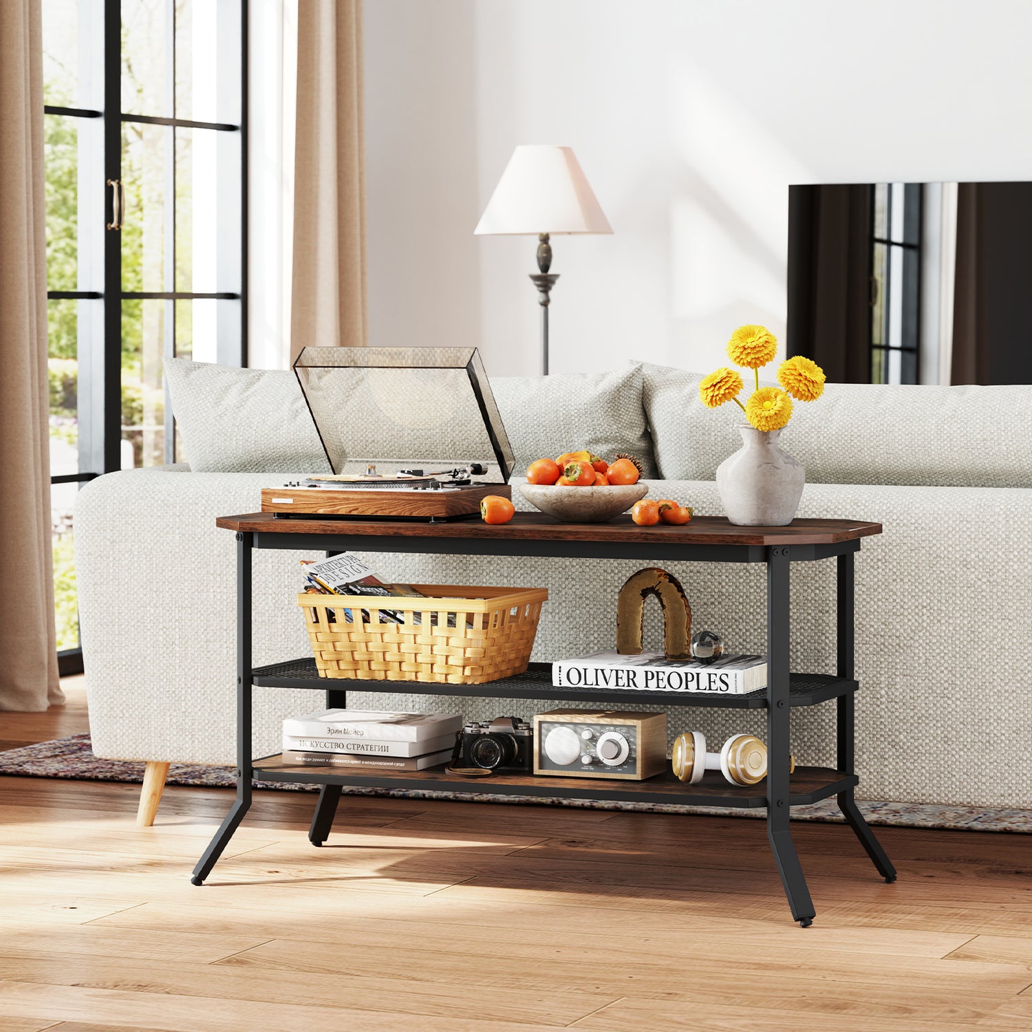 3-tier Console Table TV Stand with Mesh Storage Shelf-Rustic Brown