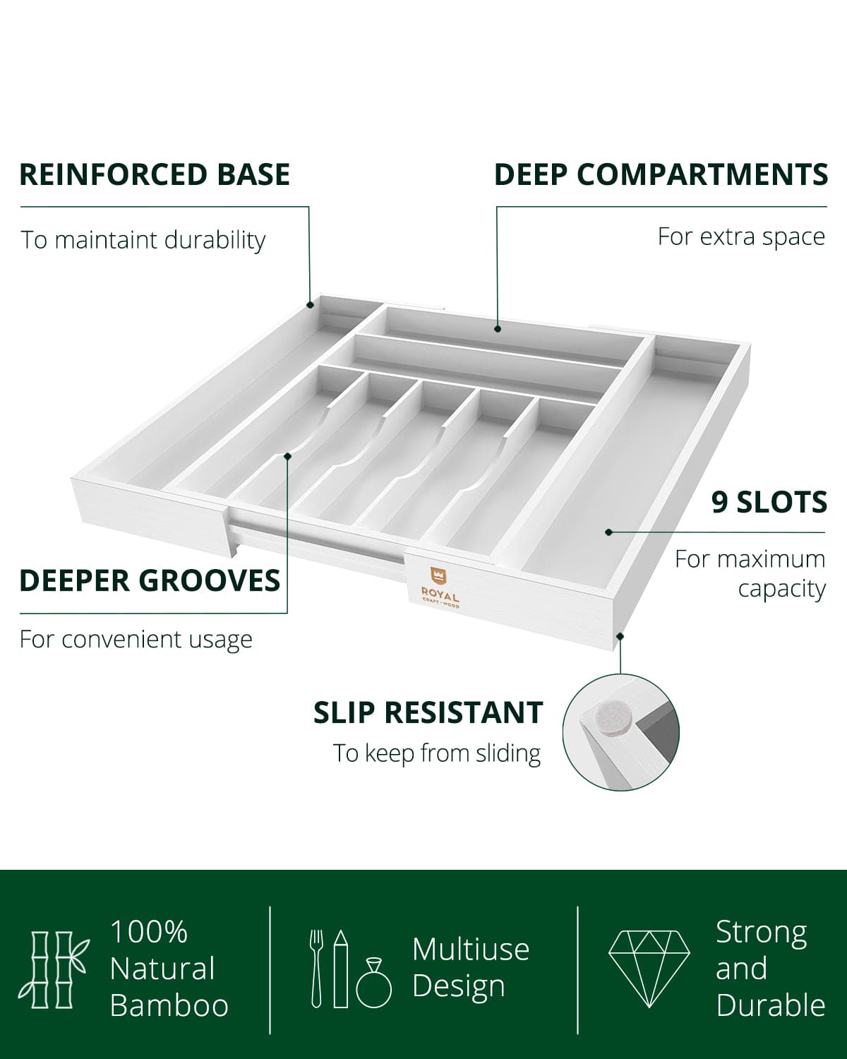 Silverware Drawer Organizer, White (9 Slots)