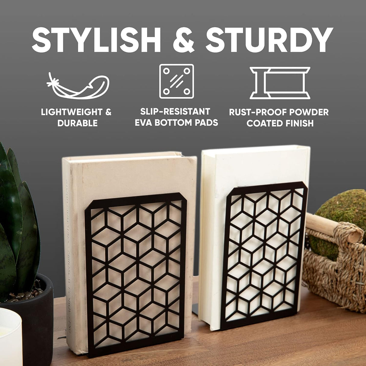 3D Cube Bookends – Geometric Metal Book Ends by Geomod