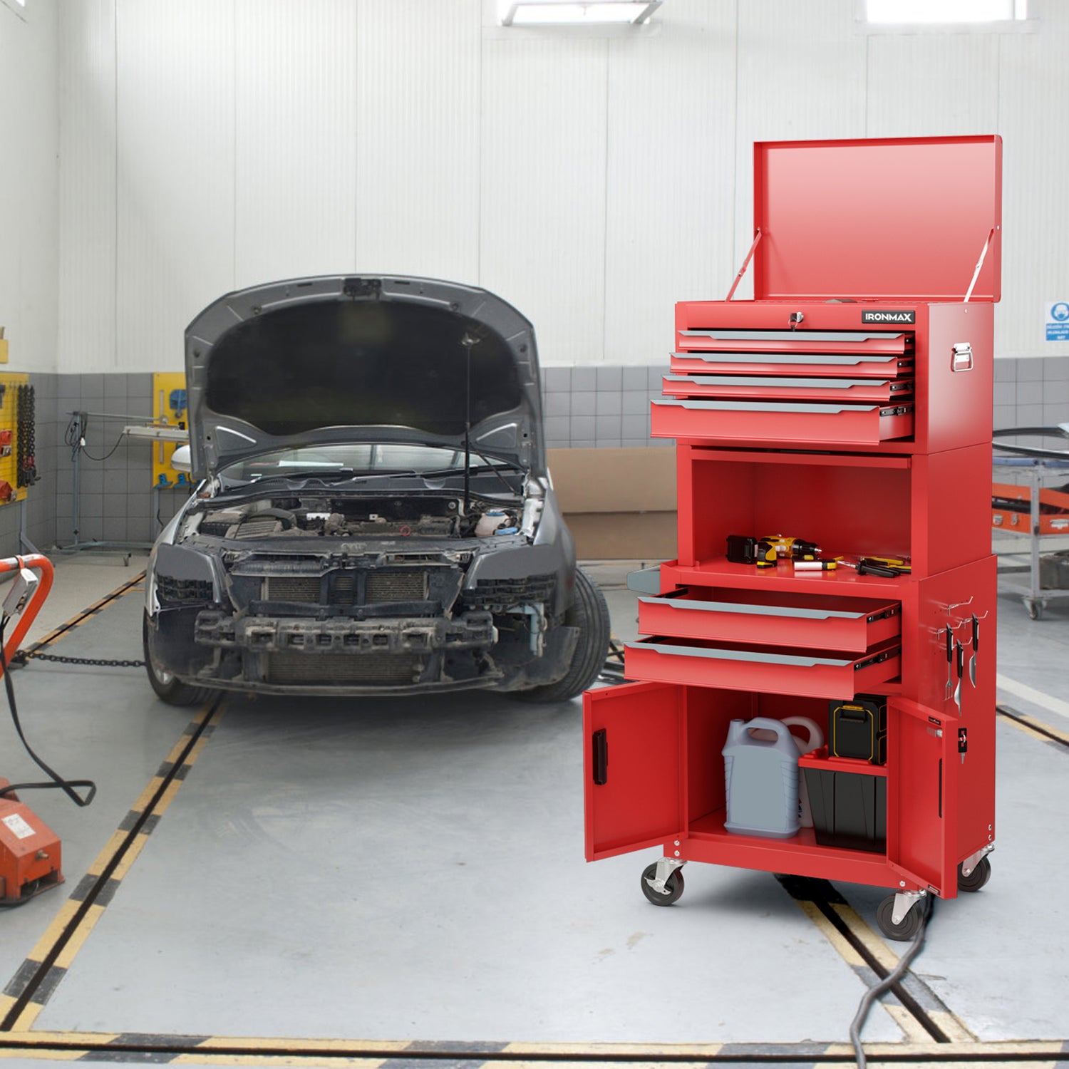 3-in-1 6-Drawer Rolling Tool Chest Storage Cabinet with Universal Wheels and Hooks