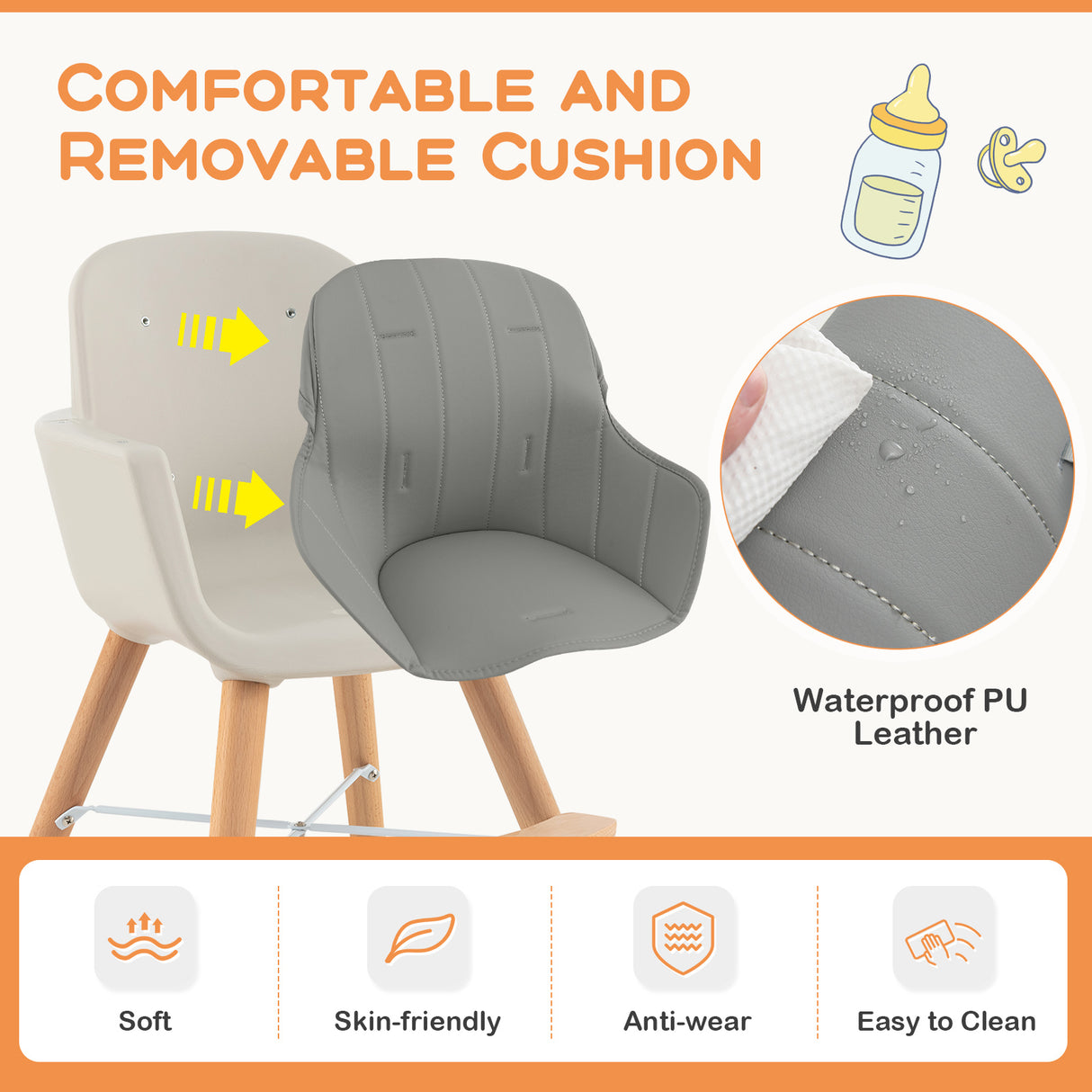 3-in-1 Convertible Wooden High Chair with Cushion