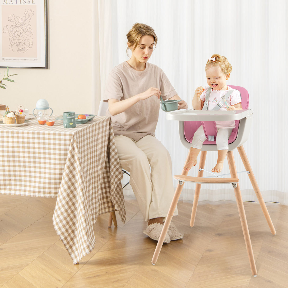 3-in-1 Convertible Wooden High Chair with Cushion