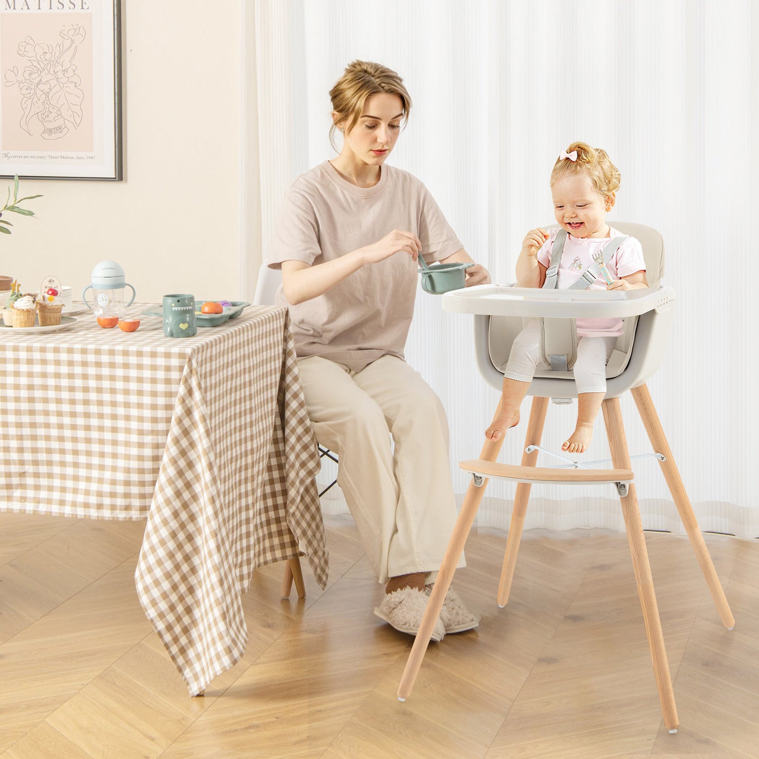 3-in-1 Convertible Wooden High Chair with Cushion