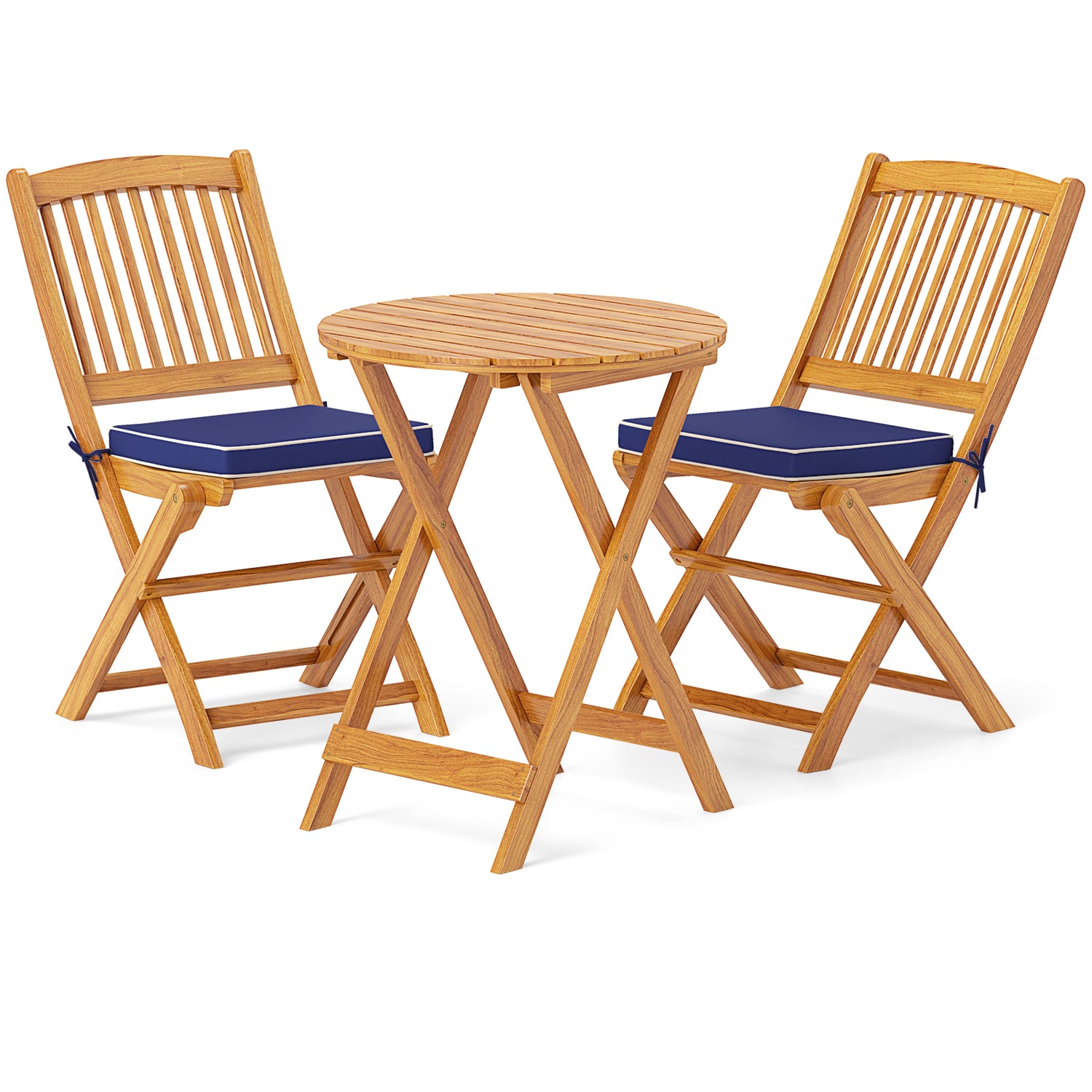 3 Pieces Acacia Wood Patio Folding Bistro Set with Soft Cushions