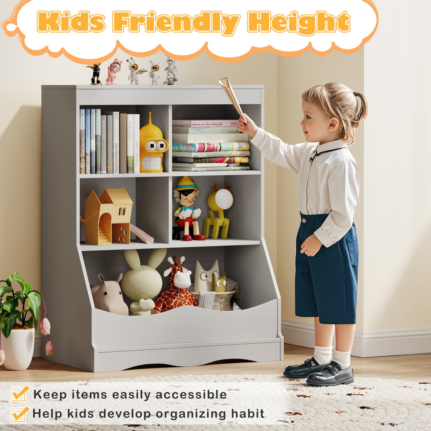 3-Tier Children's Multi-Functional Bookcase Toy Storage Bin Floor Cabinet
