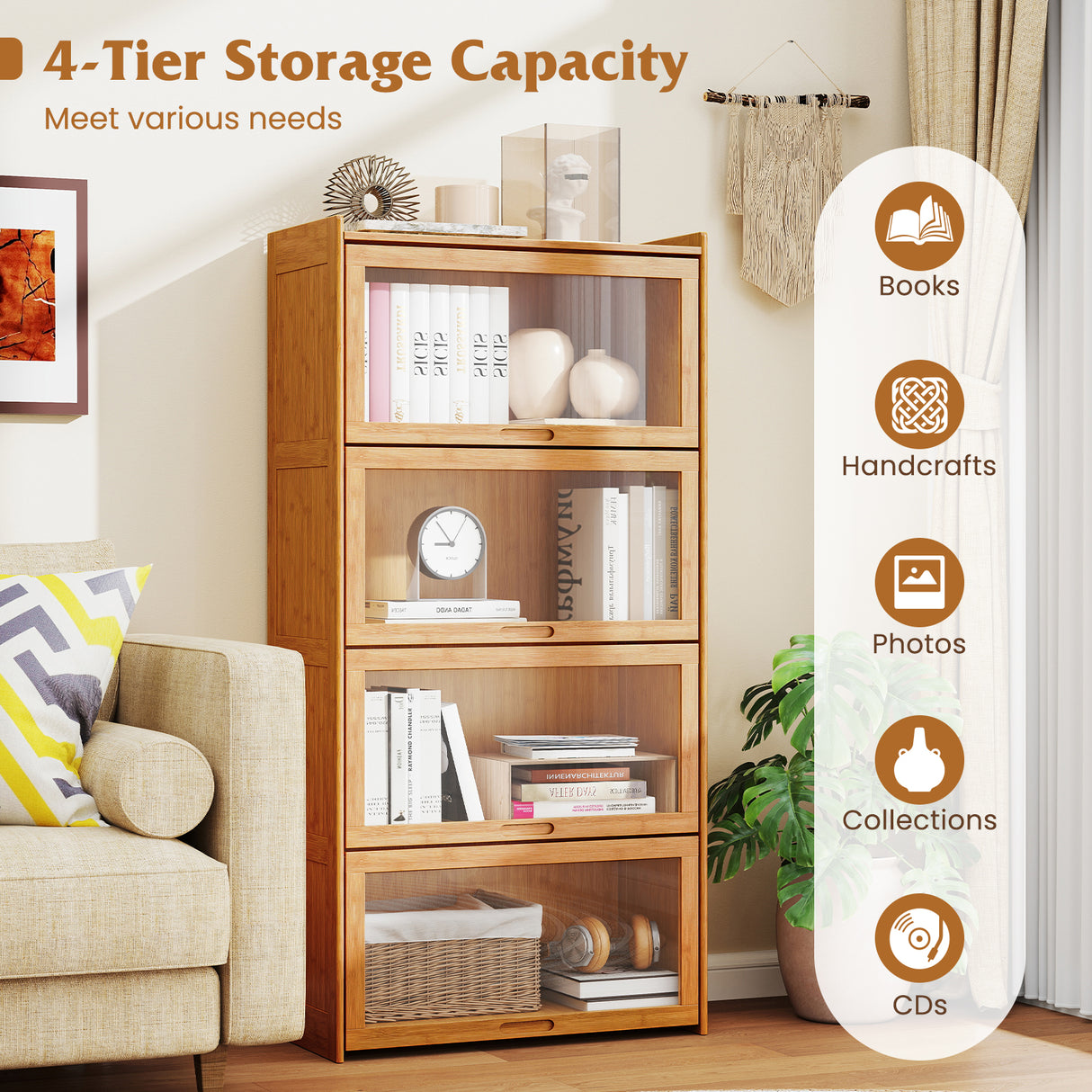 4-Tier Bamboo Bookcase with Doors for Study Room Living Room