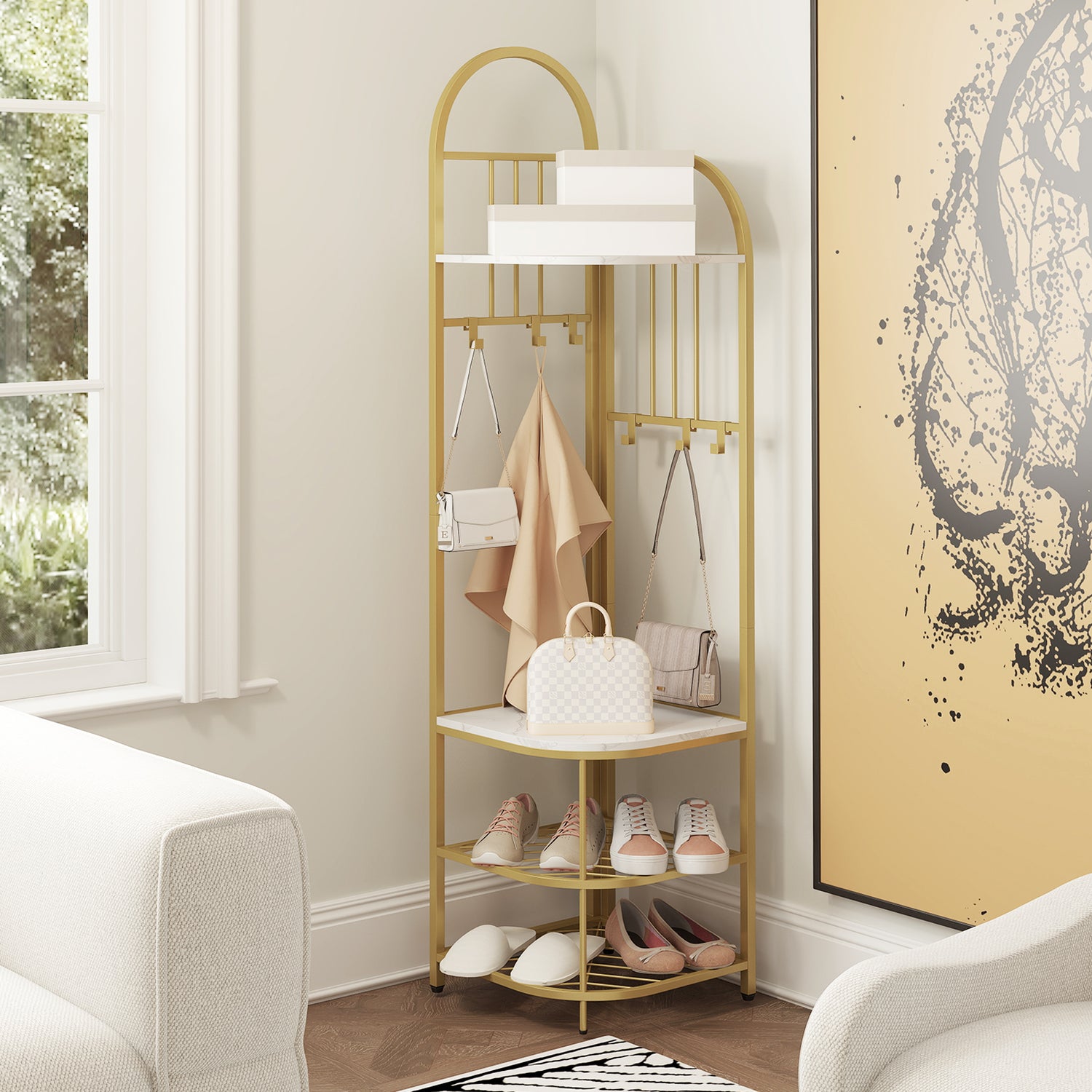 4-Tier Coat Rack Corner Hall Tree with Shoe Storage Bench