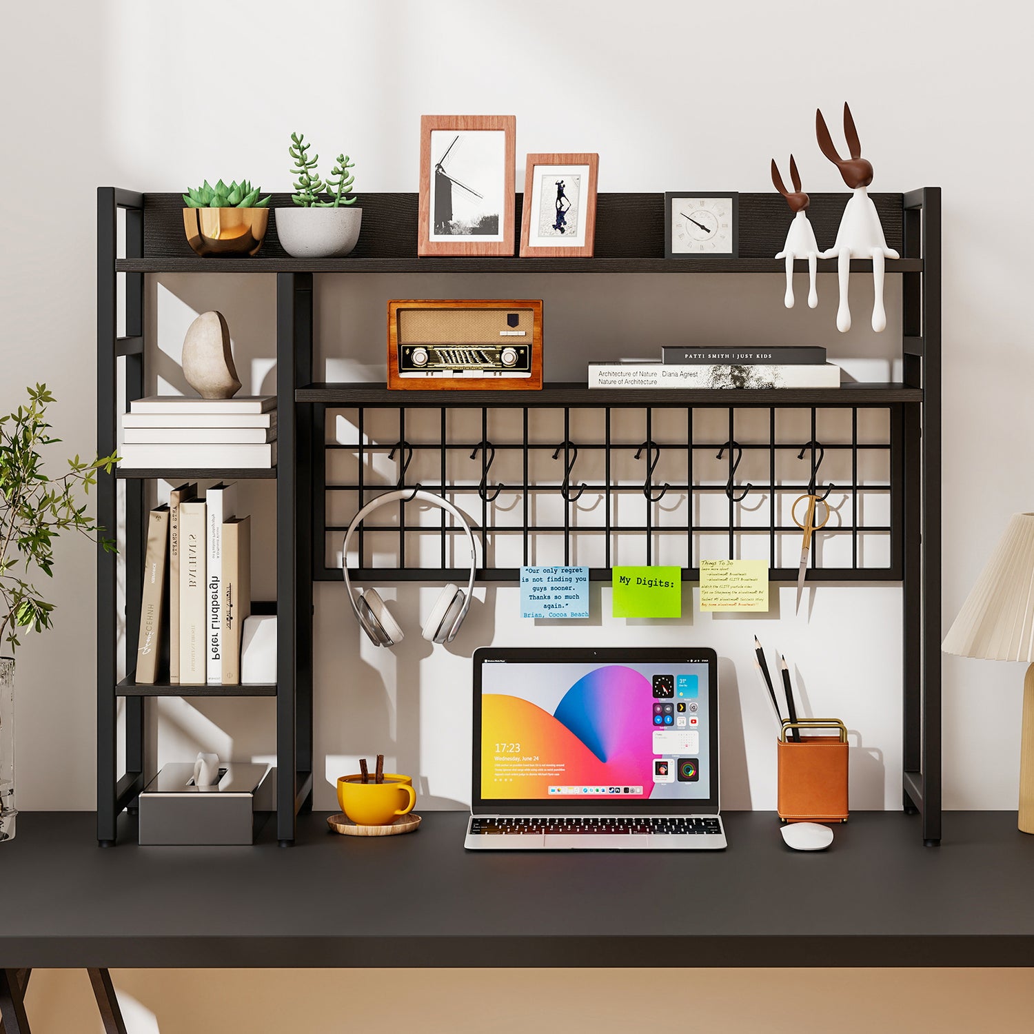 4-Tier Desk Shelf Desktop Display Rack with Metal Grid Panel and 6 Hooks