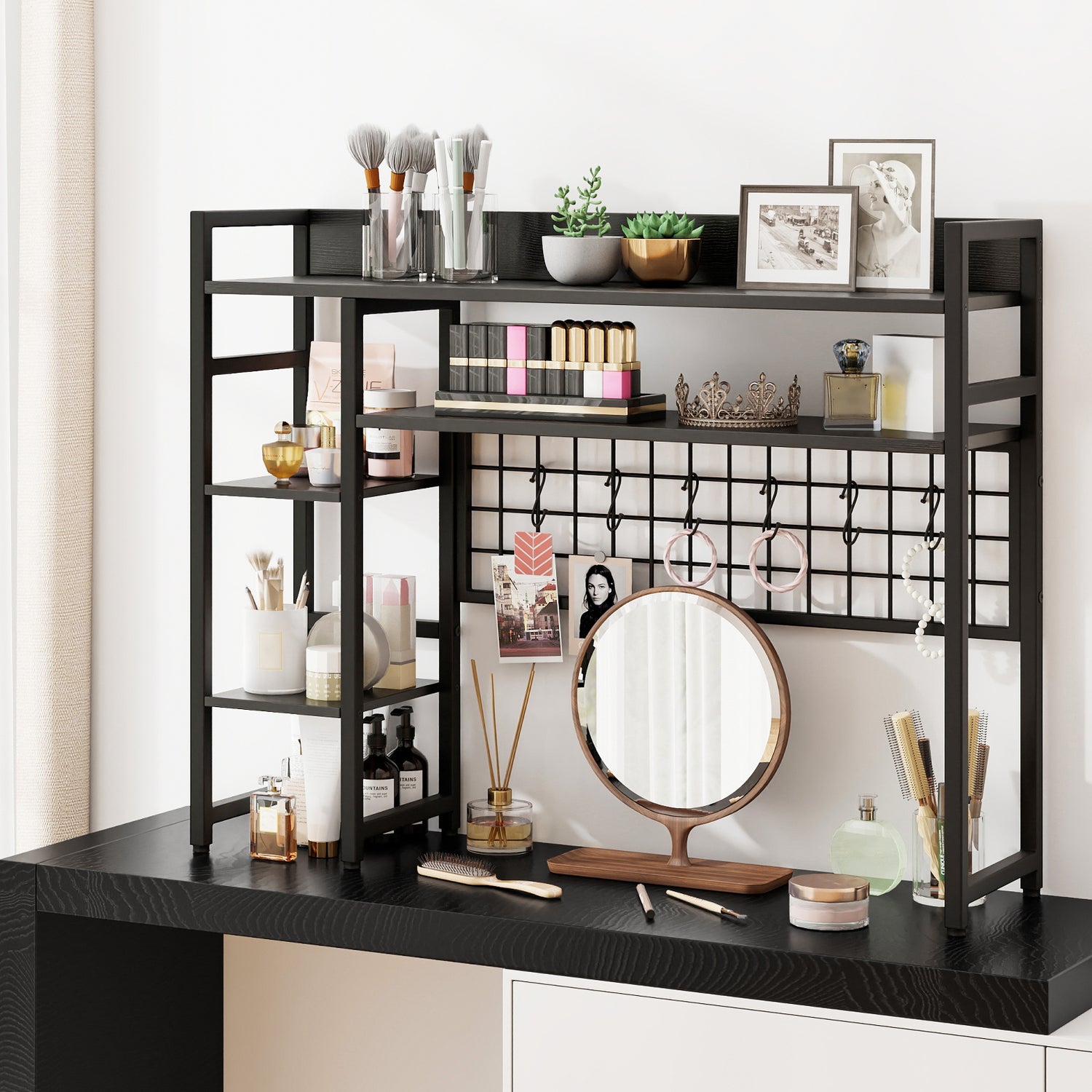 4-Tier Desk Shelf Desktop Display Rack with Metal Grid Panel and 6 Hooks