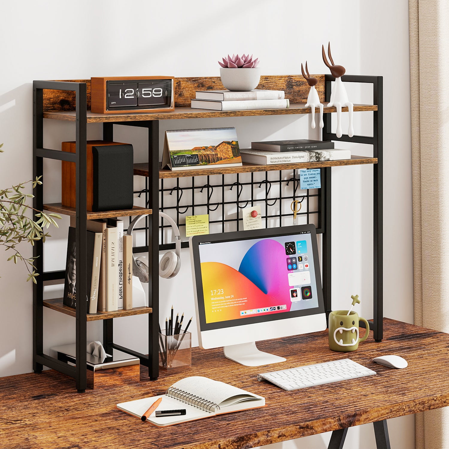 4-Tier Desk Shelf Desktop Display Rack with Metal Grid Panel and 6 Hooks