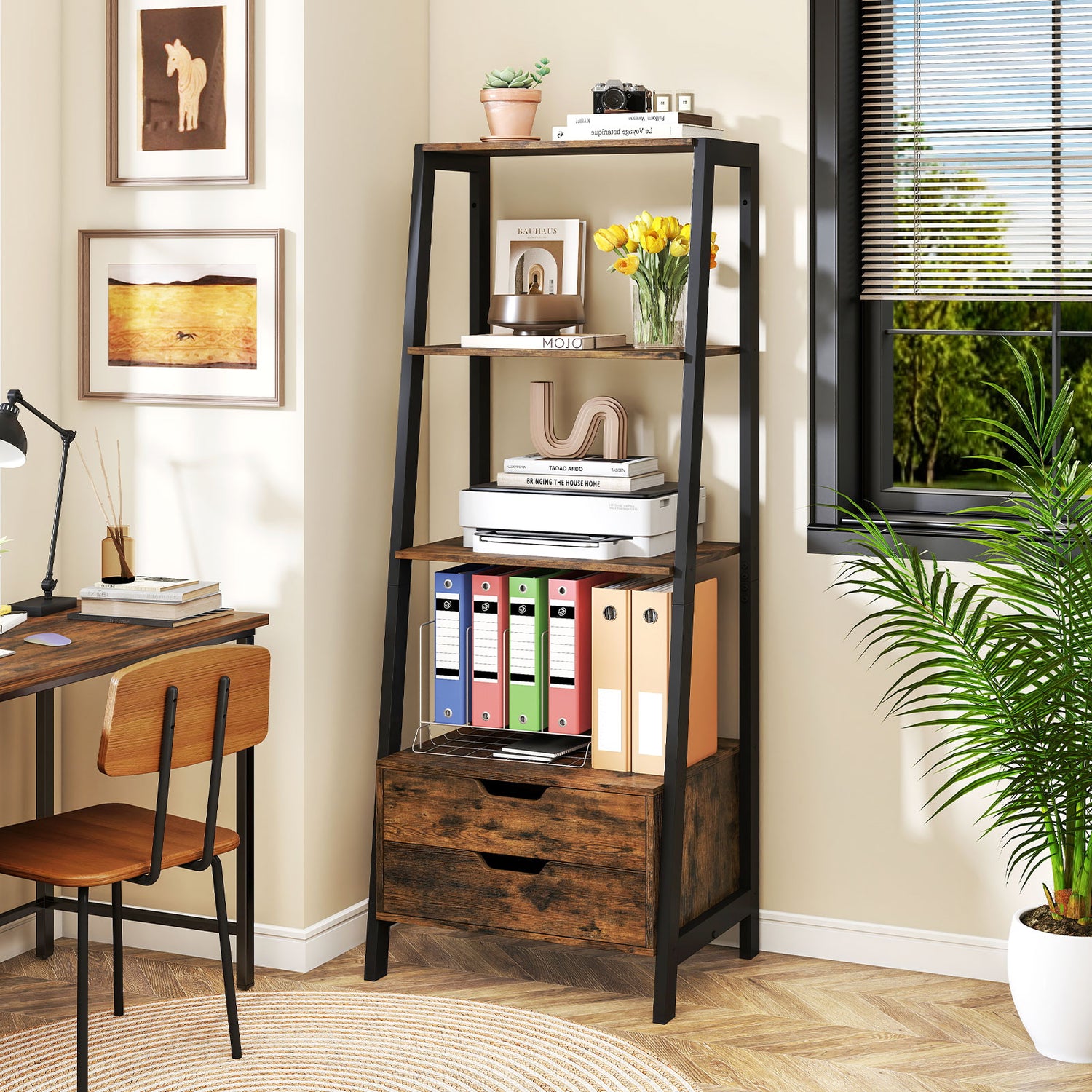 4-Tier Ladder Shelf with 2 Drawers 52.5 Inch Tall Freestanding Bookcase