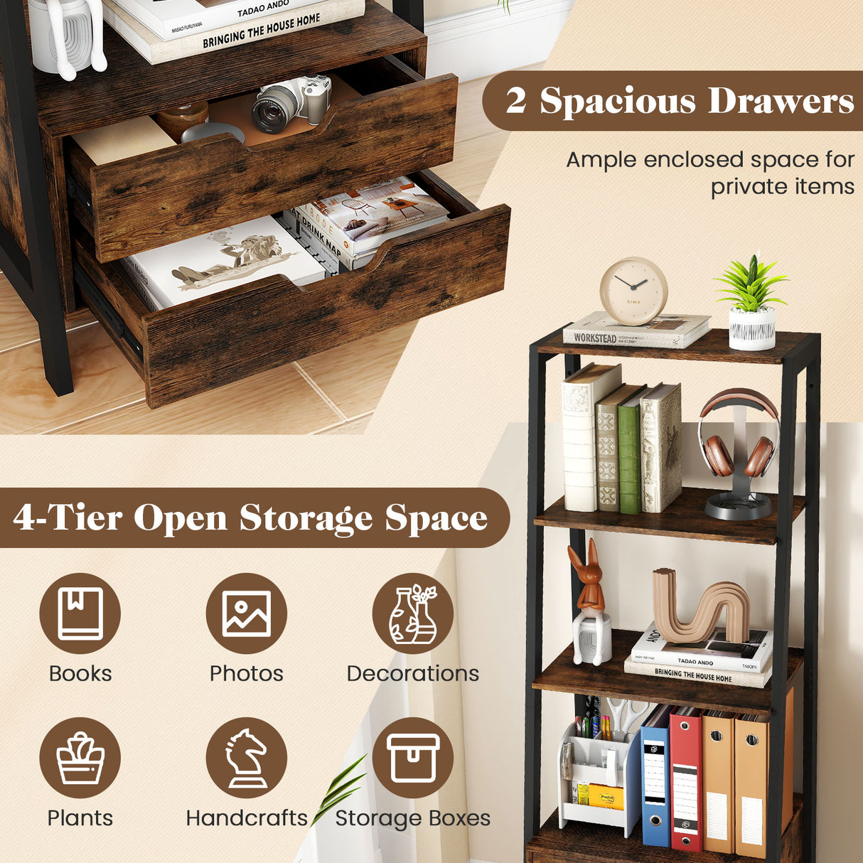 4-Tier Ladder Shelf with 2 Drawers 52.5 Inch Tall Freestanding Bookcase