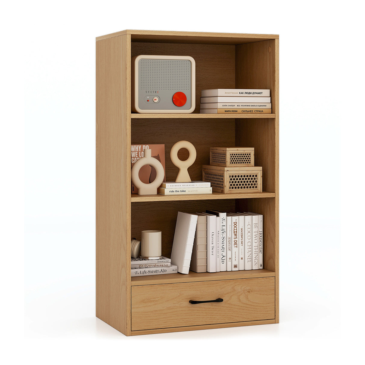 48 Inch Tall 4 Tiers Wood Bookcase with Drawer