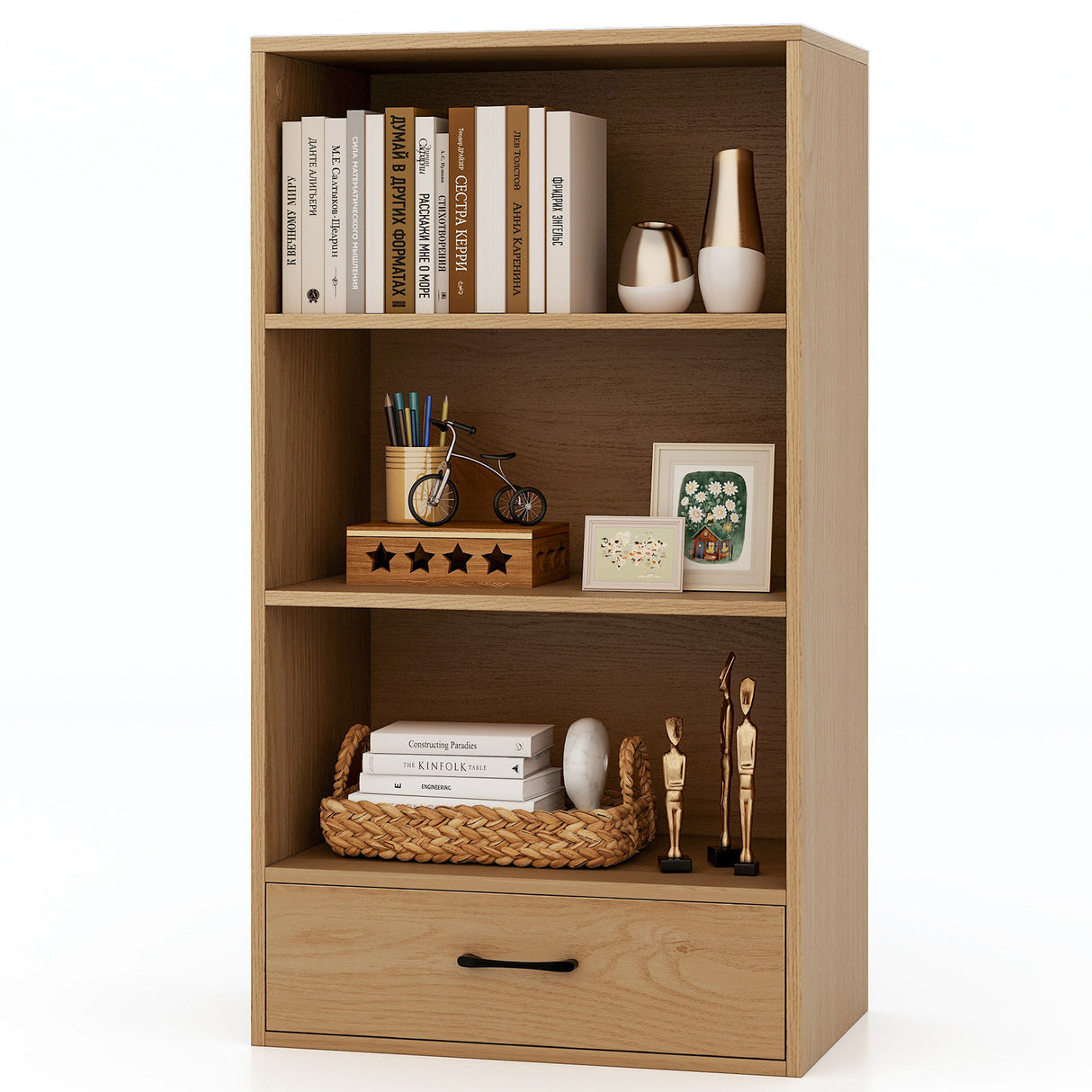48 Inch Tall 4 Tiers Wood Bookcase with Drawer