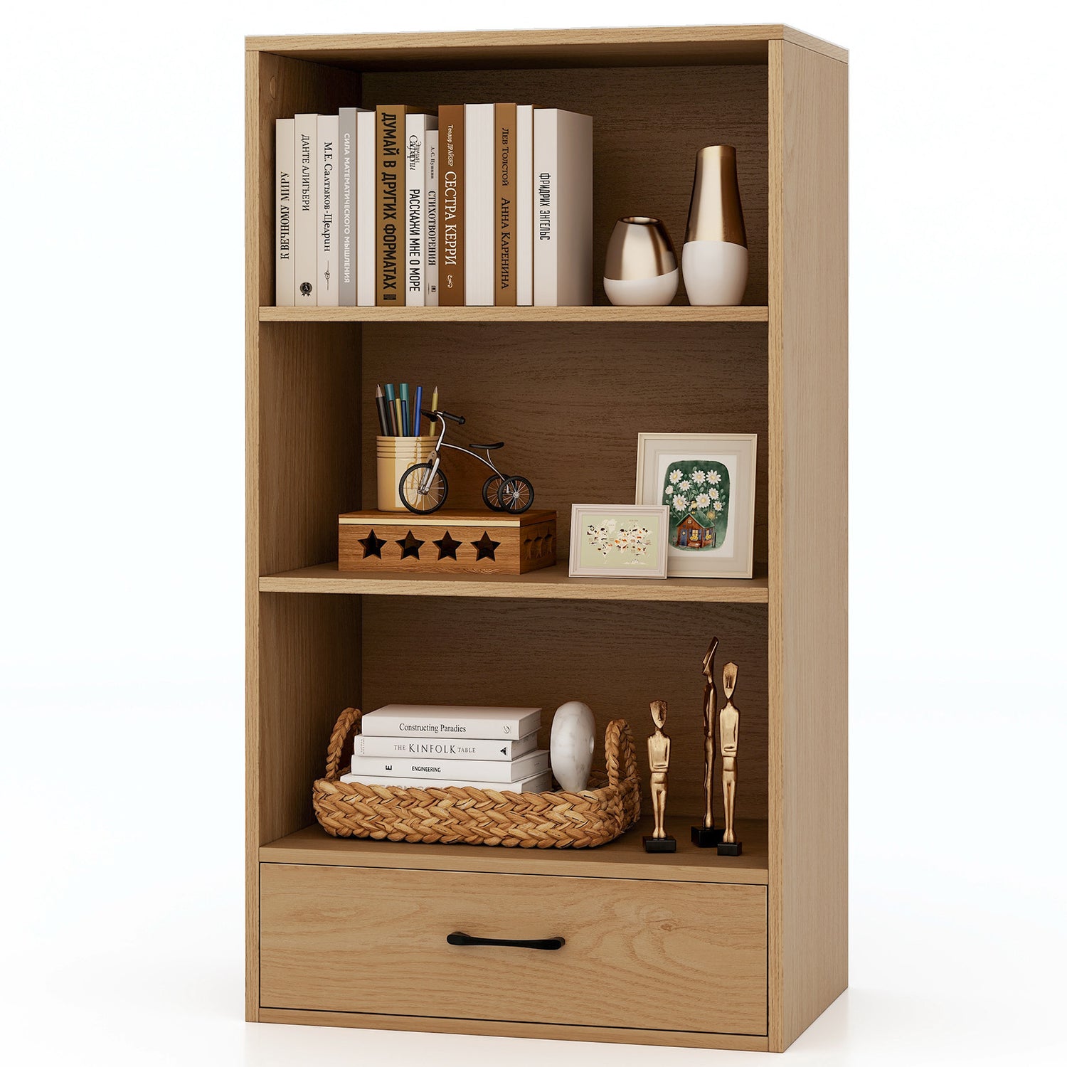 48 Inch Tall 4 Tiers Wood Bookcase with Drawer