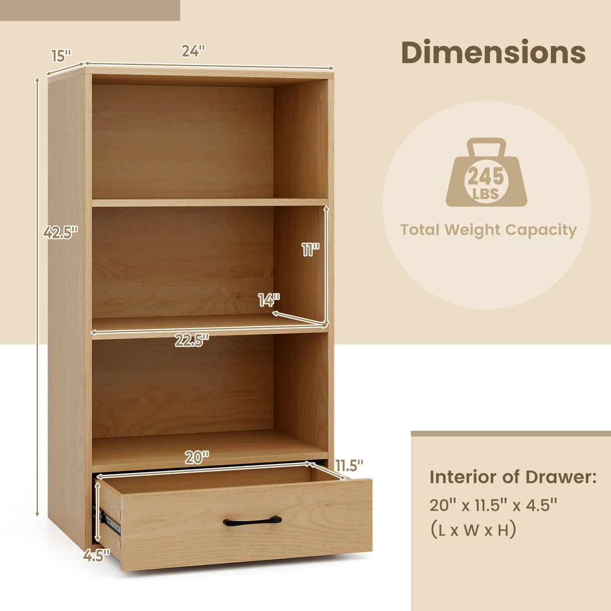 48 Inch Tall 4 Tiers Wood Bookcase with Drawer