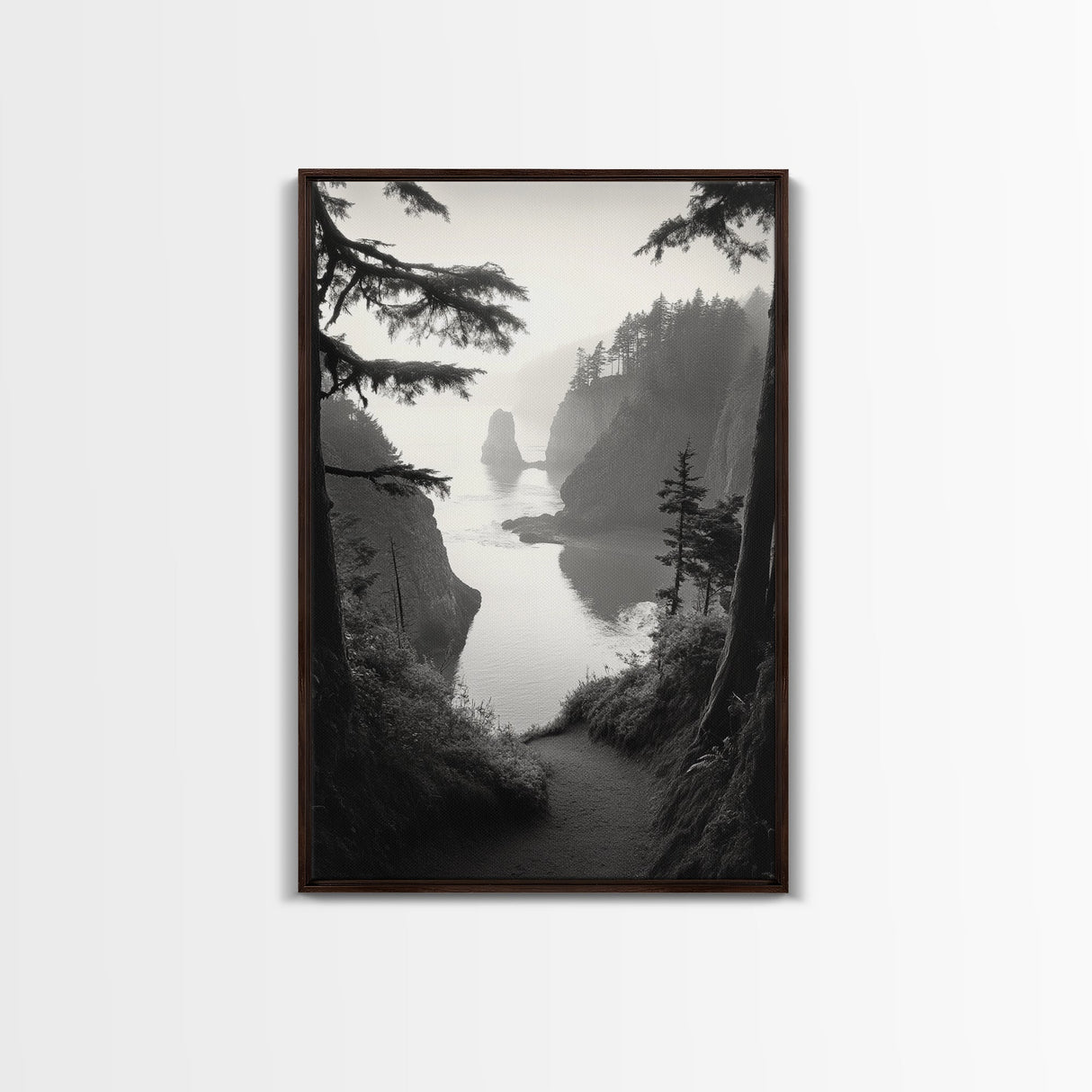 Forest Cliffs, Ocean Pathway, Misty Coast, Woodland Escape, Framed Canvas Print, Cabin Wall Art, Nature Trail Aesthetic, Autumn Mood Art