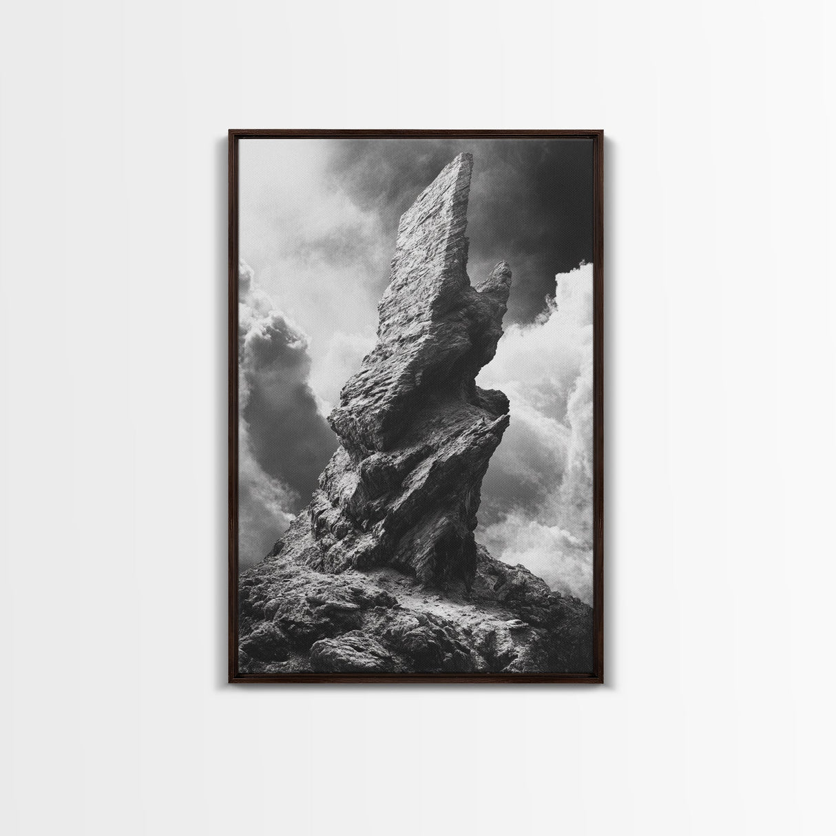 Abstract Rock Tower, Nature Photography, Stormy Sky, Canvas Print, Rustic Decor, Earthy Wall Art, Living Room Art, Moody Landscape Print