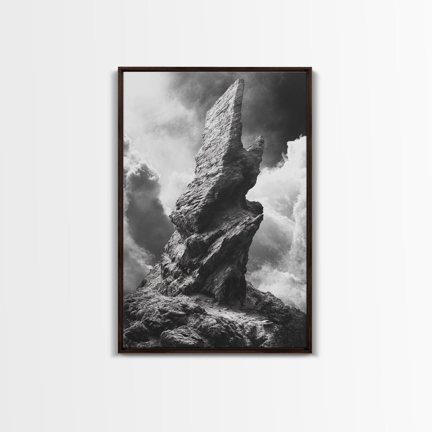 Abstract Rock Tower, Nature Photography, Stormy Sky, Canvas Print, Rustic Decor, Earthy Wall Art, Living Room Art, Moody Landscape Print