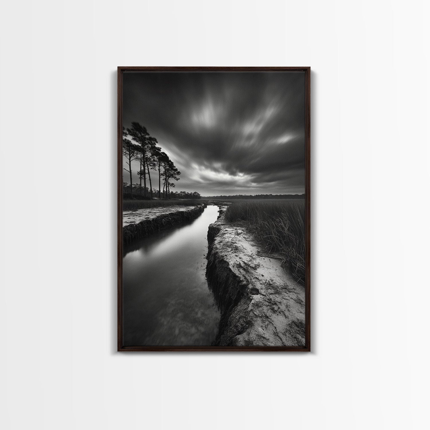 Misty Marsh Path, Moody Landscape, Nature Wall Decor, Living Room Art, Canvas Print, Black and White Photography, Autumn Wall Art