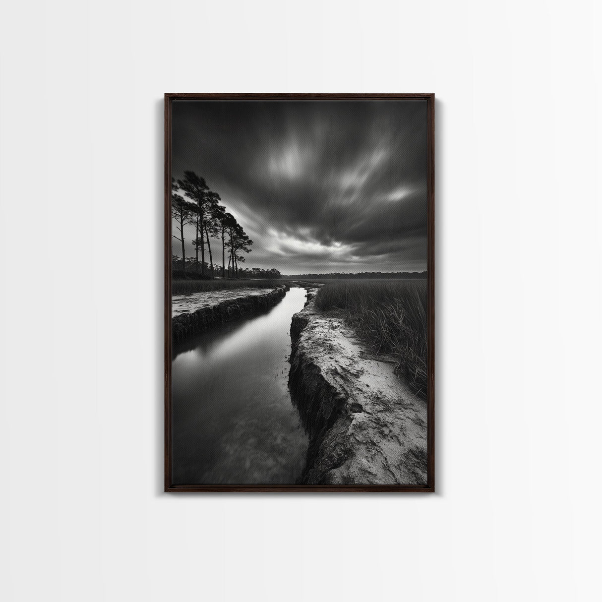 Misty Marsh Path, Moody Landscape, Nature Wall Decor, Living Room Art, Canvas Print, Black and White Photography, Autumn Wall Art