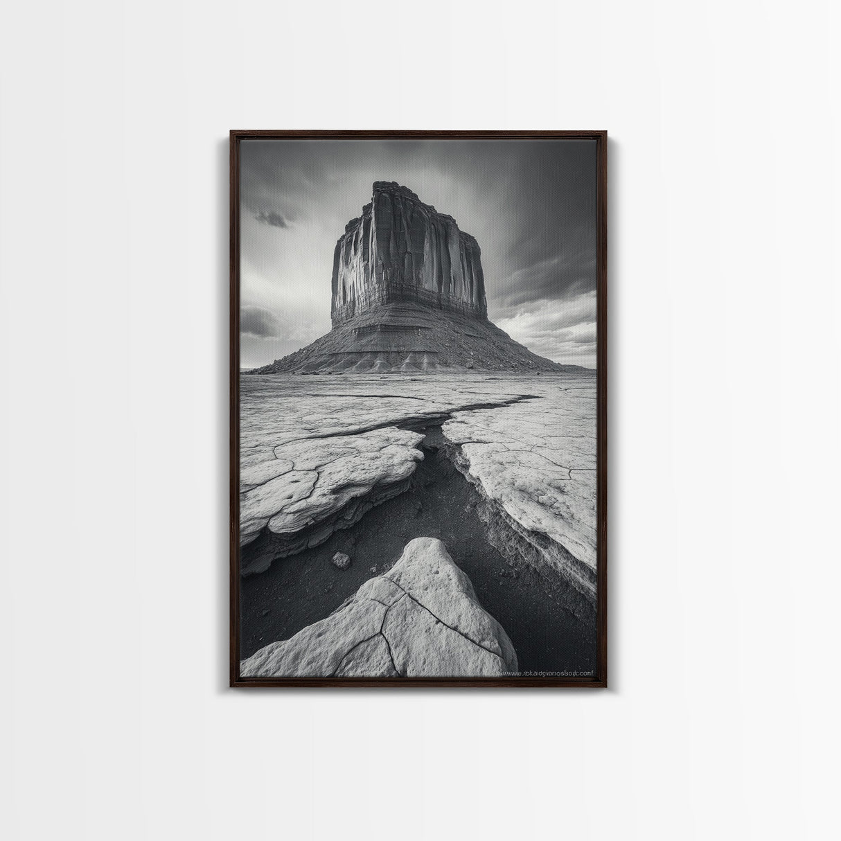 Monument Valley Cliff, Desert Rockscape, Framed Canvas Print, Western Wall Art, Office Decor, Black and White Photography